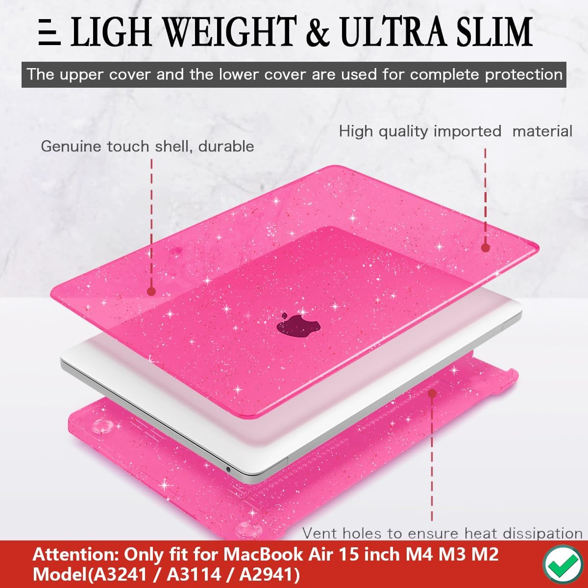 CISSOOK Compatible with MacBook Air 15 inch Case 2025 2024 2023 Model A3241 A3114 A2941, Sparkly Bling Hard Shell Case Keyboard Skin Set for MacBook Air 15 inch M4 M3 M2 Glitter Rose Pink - Image 3