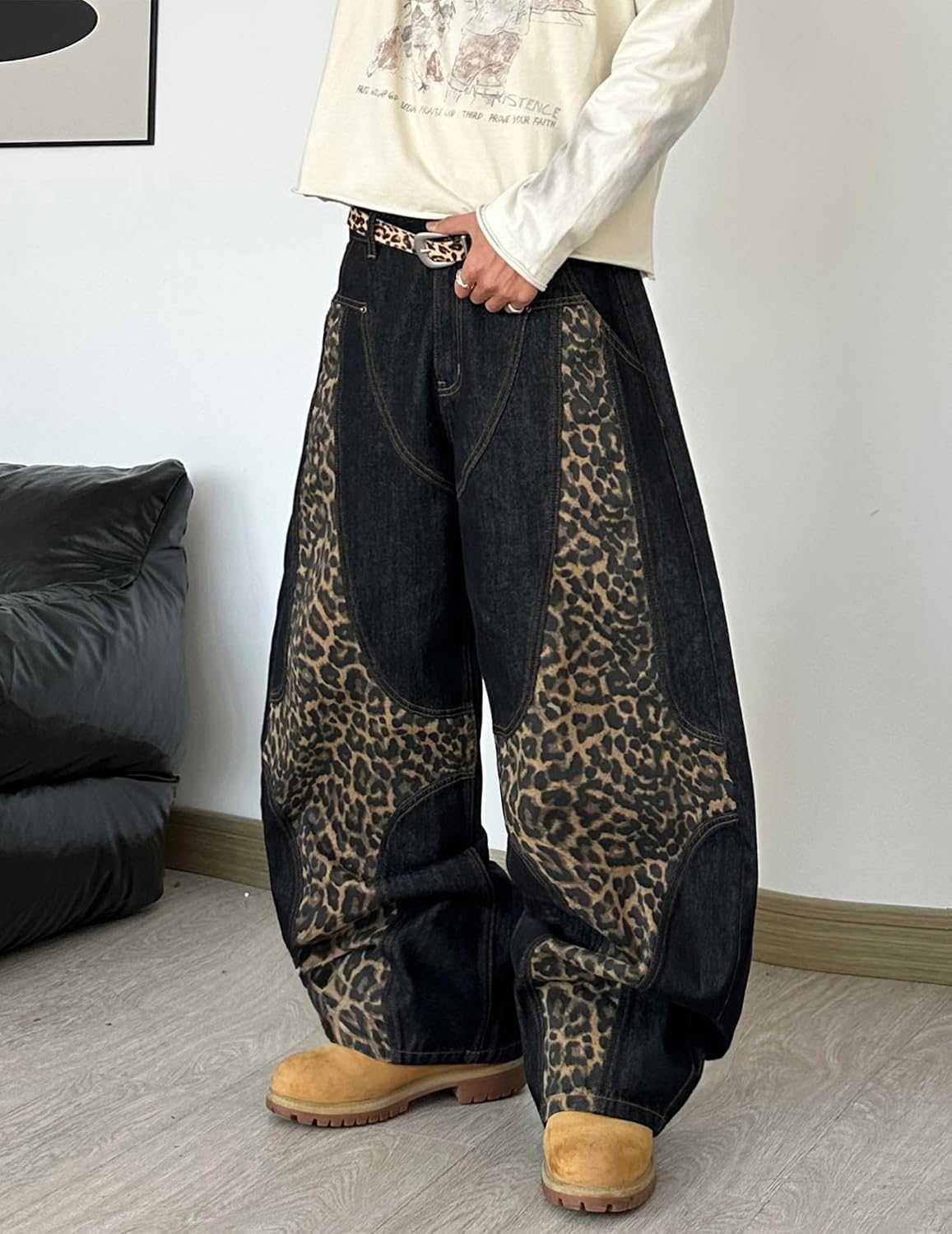 Mens Wide Leg Baggy Jeans Casual Loose Fit Denim Pants Skater Y2k Patchwork Trousers Streetwear