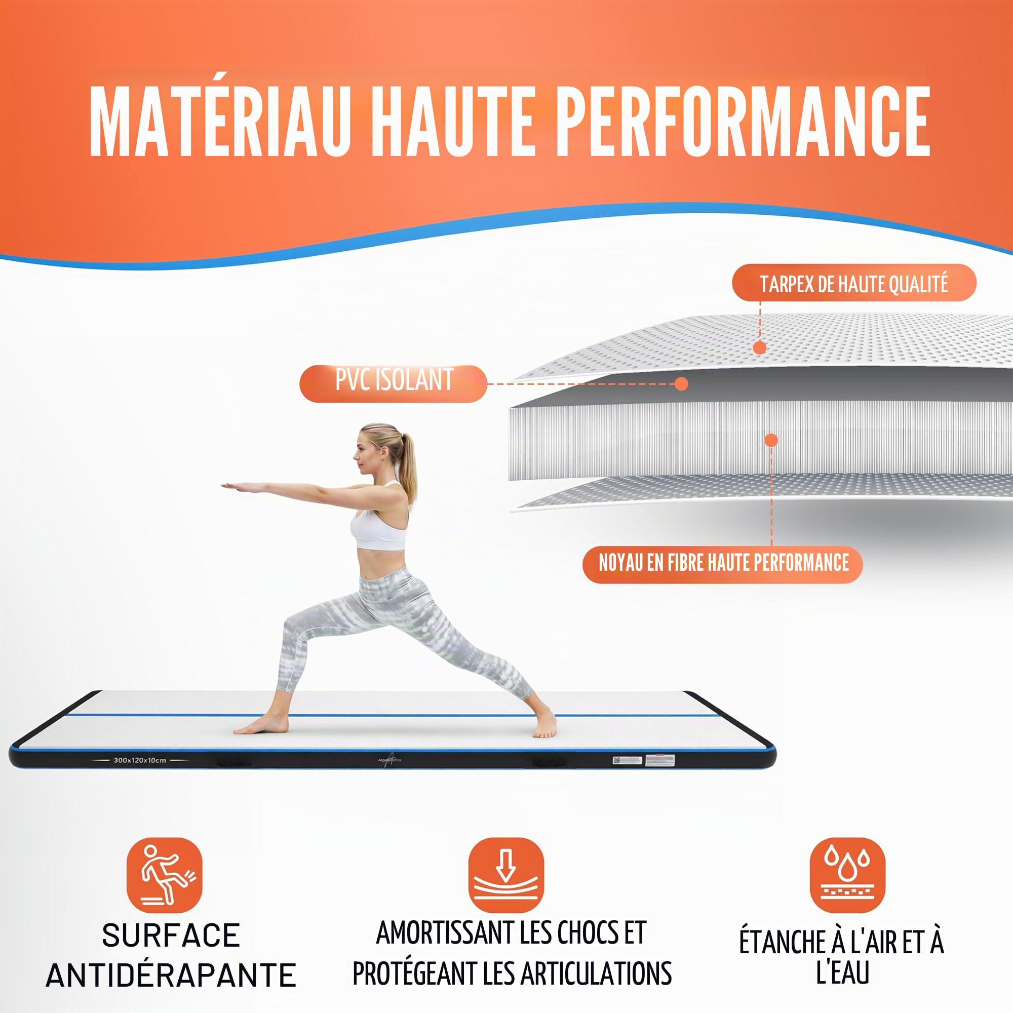 AthleticPro Airtrack Tapis de gymnastique gonflable pour gymnastique au sol et acrobatie avec pompe électrique, kit de réparation et sac de hauteur, pour