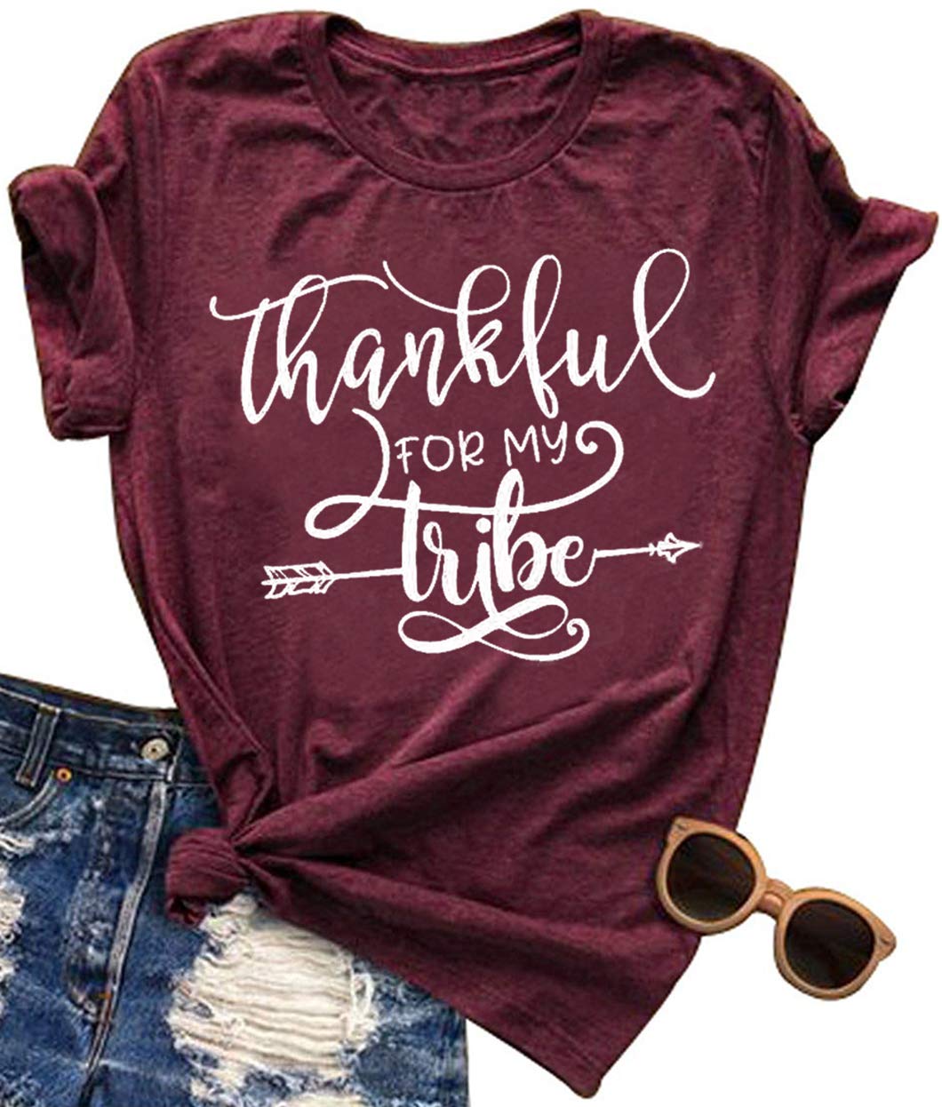 Womens Thanksgiving Mom Casual Tee Shirt Fun Letter Print Fall Short Sleeve Tops Thankful for My Tribe Tshirts Blouse
