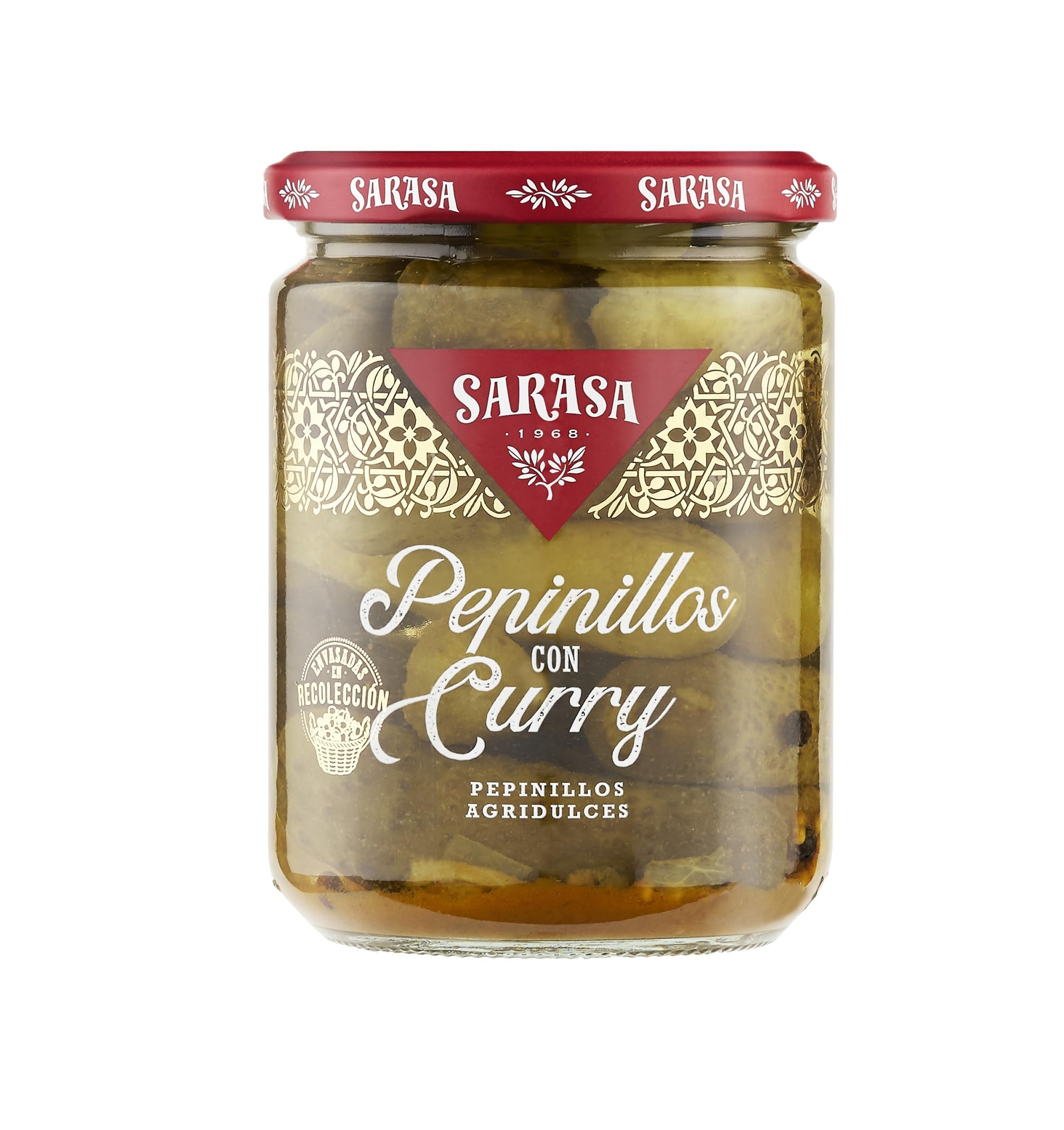 Pepinillos Agridulces con Curry Sarasa 400g (190g Escurrido) – Encurtidos Gourmet Crujientes con Toque Exótico, Sabor Dulce y Especiado, Ideal para Tapas, Ensaladas y Aperitivos (Pack 3).