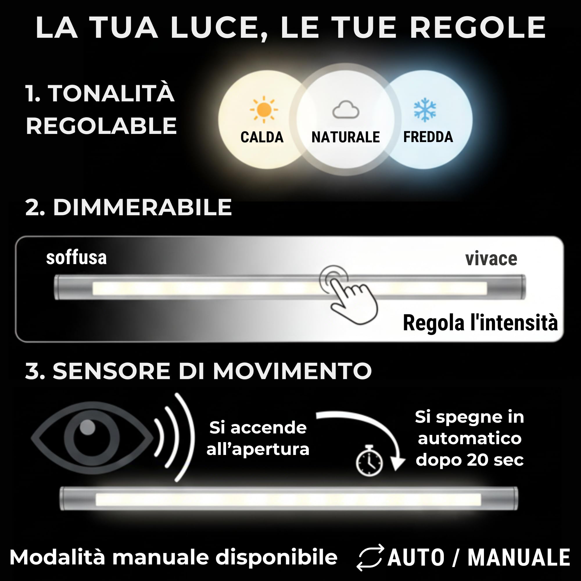 Luce Armadio LED con Sensore Ricaricabile, Barra LED Magnetica a 3 Tonalità, Intensità Regolabile Dimmerabile per Illuminazione per Interni, Ricarica USB, Lunghezza 40cm (Nero, 2 Pezzi)