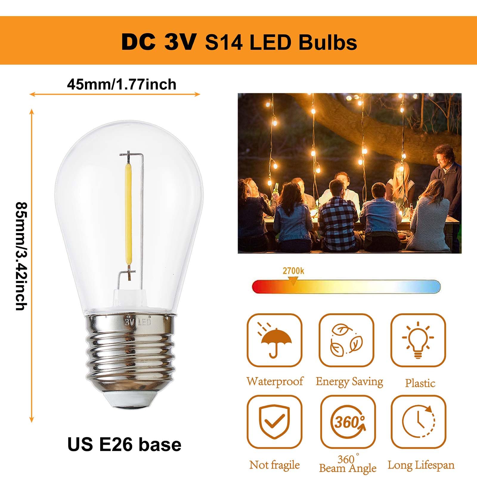 Guirnalda de bombillas solares de bajo voltaje de 3 V CC, bombillas LED S14 resistentes al agua, base mediana E26, 1 W, 2700 K (16, blanco cálido)