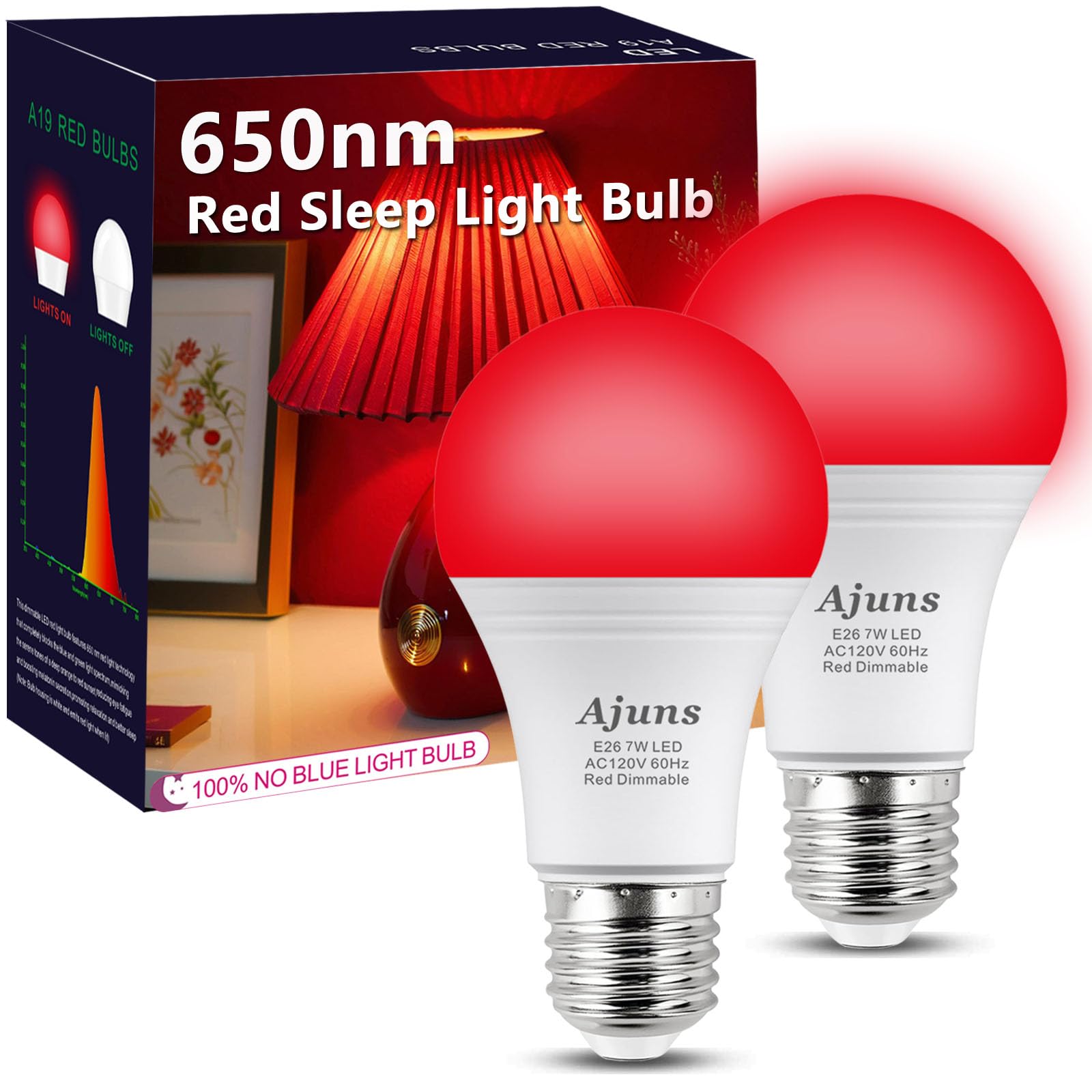 2 Packs Red LED Sleep Light Bulbs Dimmable 100% Blue Light Blocking Bulb 650nm Promoting Melatonin Red A19 7W E26 Base Dimmable for Bedroom Kids Room-image-19