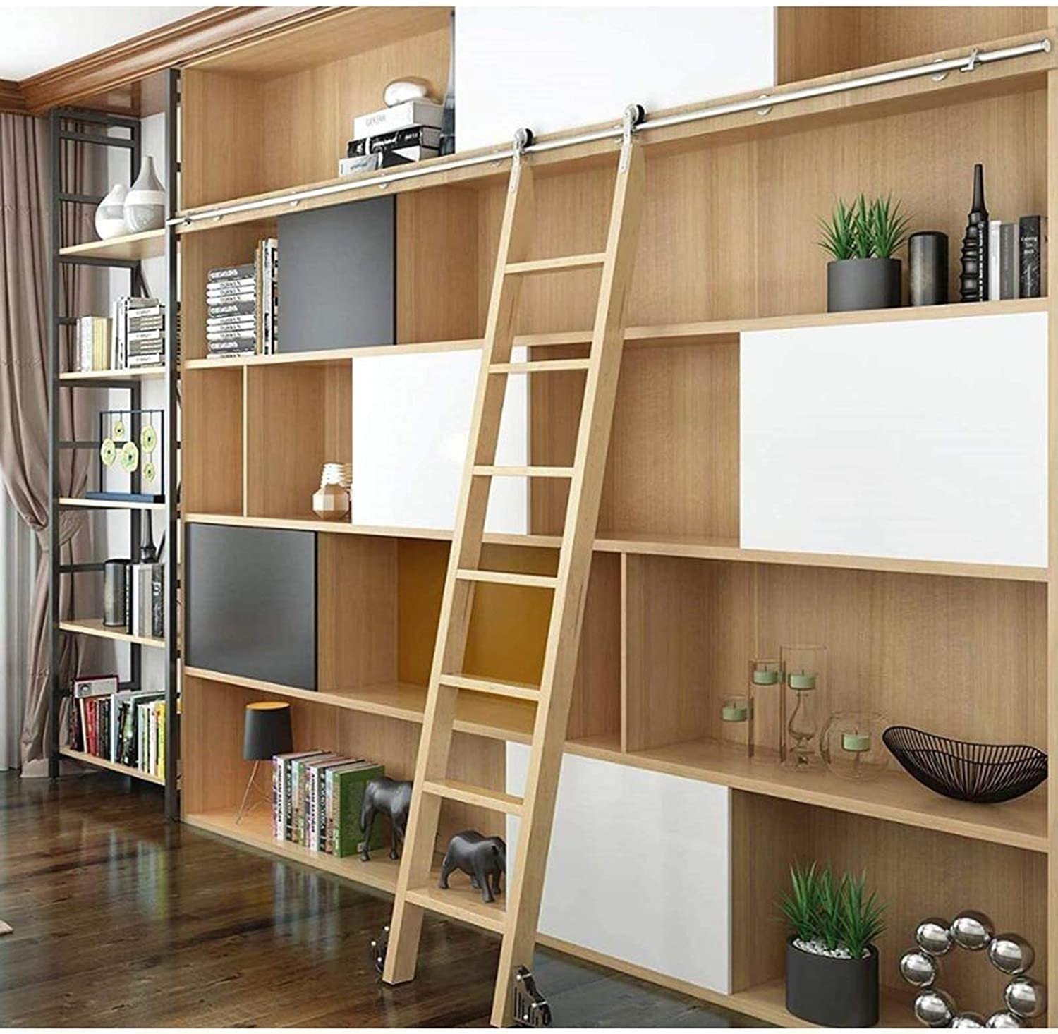 Kit di Ferramenta Scala della Libreria Rotolamento - Set Ferramenta di Binario Porta Scorrevole, Tubo Tondo in Acciaio Mobile per Casa/Interni/Loft, con Ruote A Rulli A Pavimento