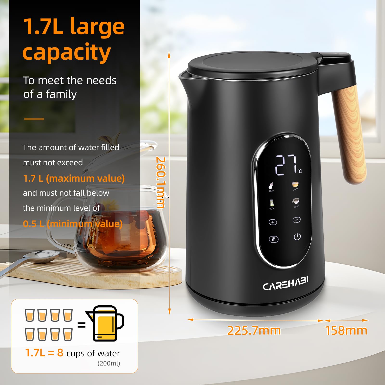 Carehabi Bollitore Elettrico 1,7 L 40-100°C Bollitore Elettrico Temperatura Regolabile Acciaio Inox 2200 W Indicatore LED Base di Rotazione a 360°