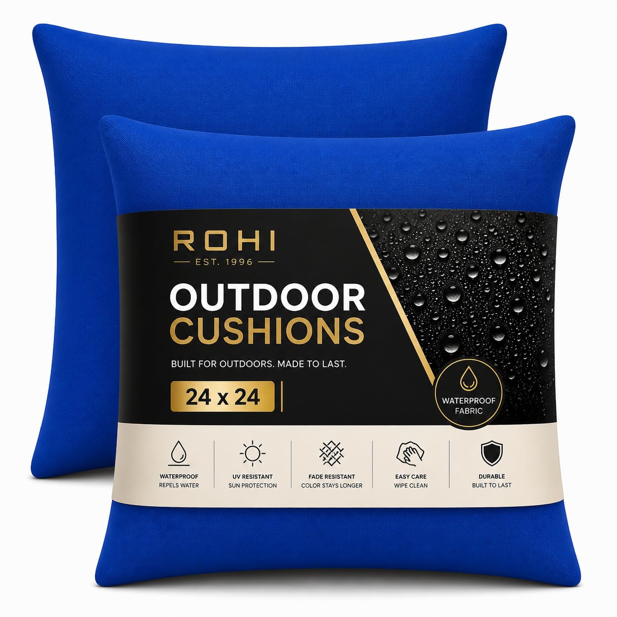 Rohi Waterproof Outdoor Cushion 2 Pack Filled – Decorative Waterproof Cushions for Garden, Patio, Couch, Tent, Balcony and Sofa (Royal Blue, 24" x 24") — image 1