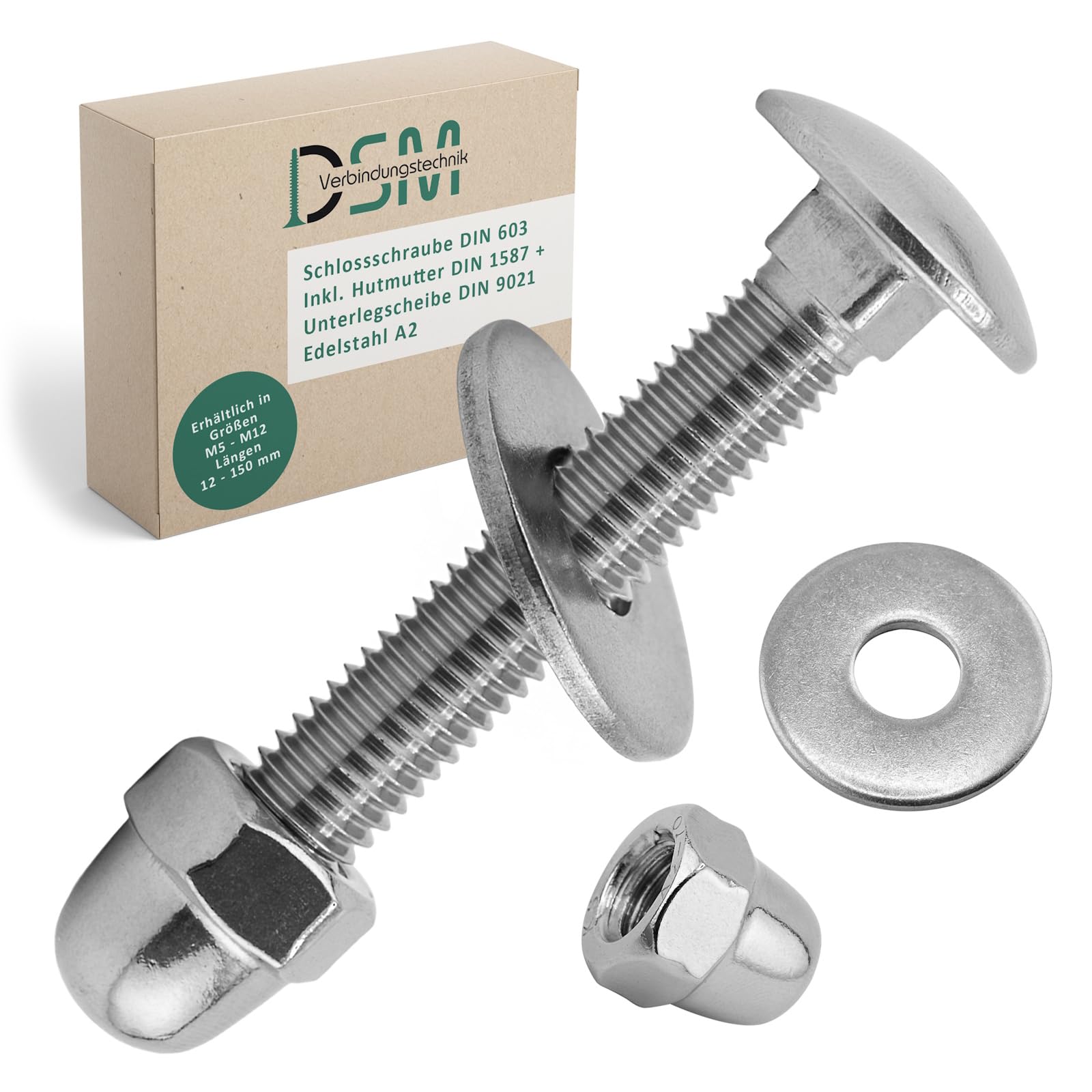 DSM - Boulons de carrosserie M6 x 60 mm selon DIN 603 - Écrou borgne M6 DIN 1587 et rondelle DIN 9021 - Acier inoxydable A2/V2A - Filetage complet - Vis à tête bombée avec collet carré - Lot de 100