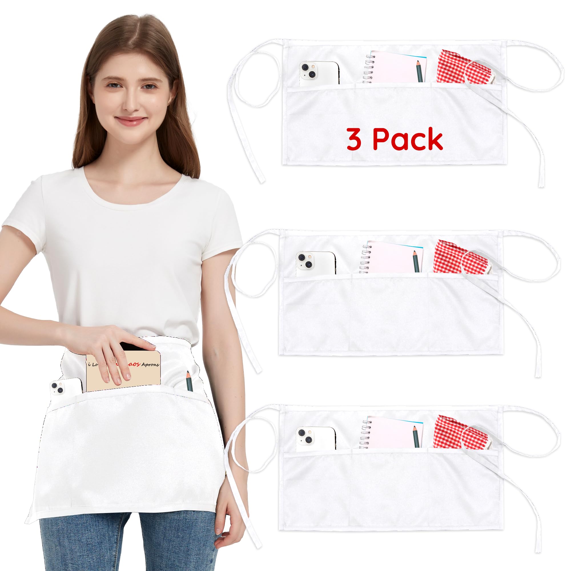 3 Pack Waist Apron with 3 Pockets, White Waitress Waiter Aprons for Women Man, Water Resistant Server Aprons Long Straps Bistro Apron for Chef Restaurant Work Bar (3, White - 23.62''X11.81'')