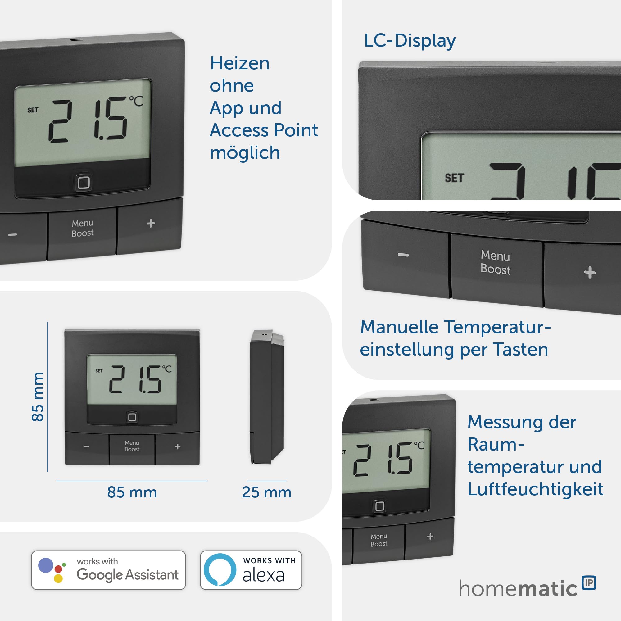 Homematic IP Smart Home 160554A0 termostat ścienny – podstawowy, antracytowy, cyfrowy termostat do grzejników z/bez aplikacji, Alexa, Google Assistant, pomiar temperatury, oszczędność energii