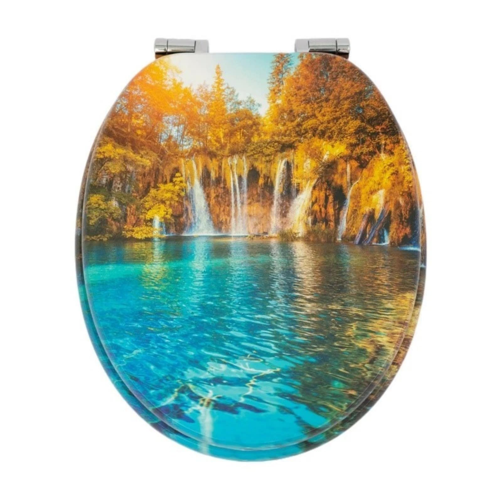 18" MDF Toilet Seat Universal Adjustable Fit Most Toilets Oval Seat┃Bathroom Standard Wooden MDF Toilet Seat | WC SEAT +Fittings (Waterfall and Forest Landscape) — image 1