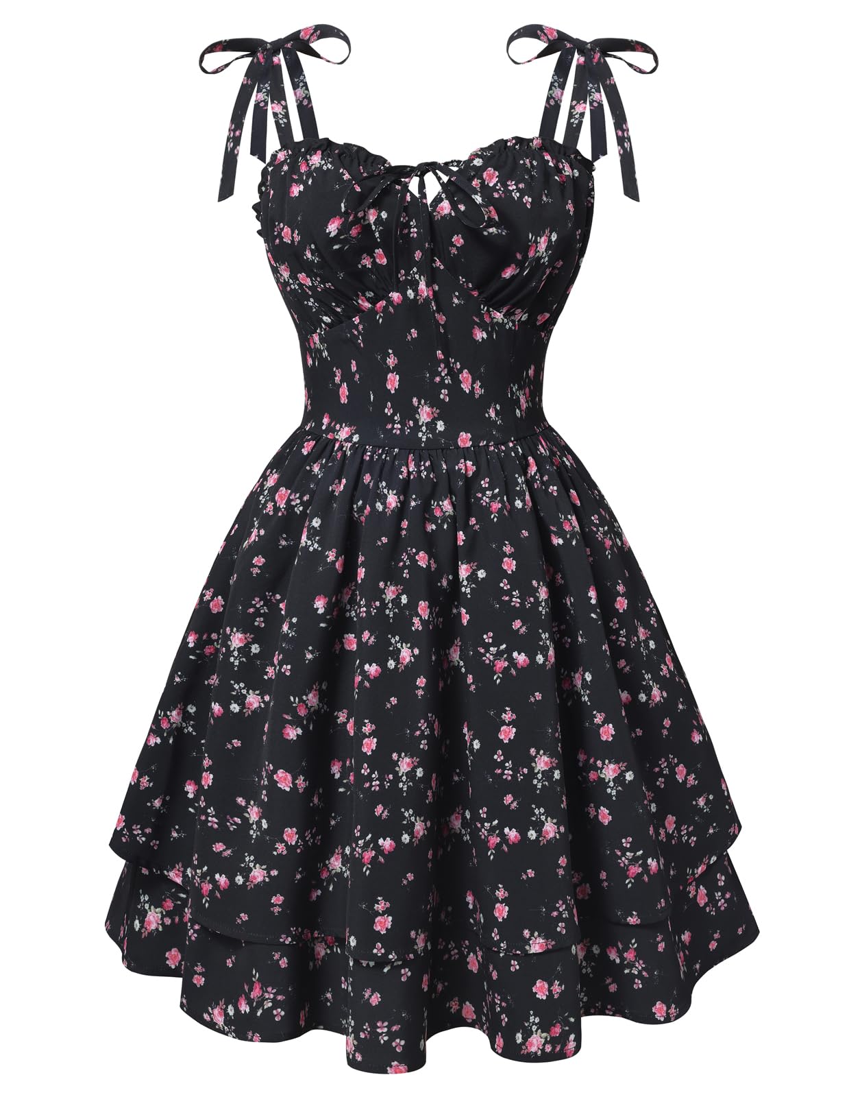 Scarlet Darkness Damen Floral Kleid Teens Sommer Verstellbare Krawatte Schulter Korsett Sundress Tiered Saum Minikleider Schwarz Rosa Blumen XL