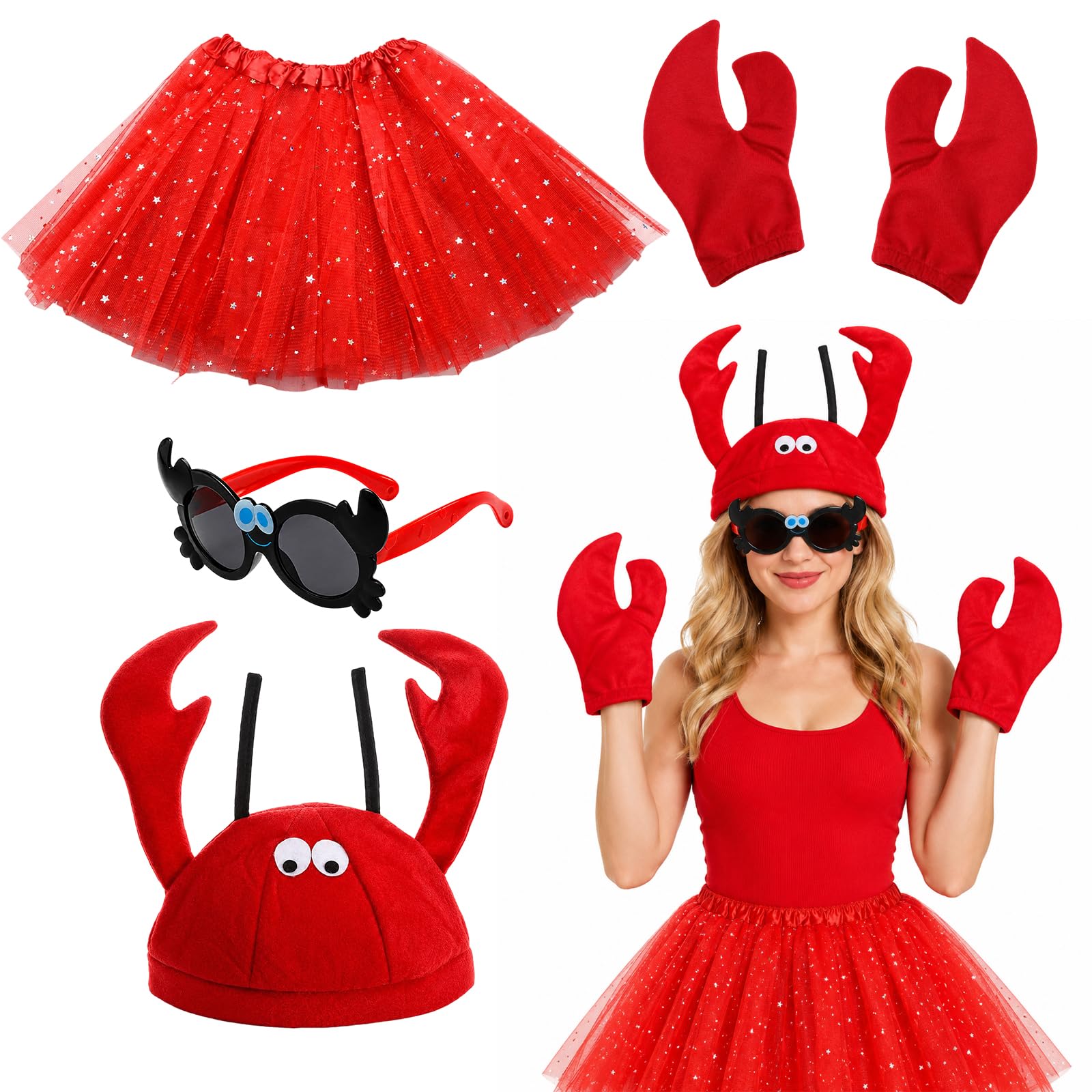 4 Pcs Lobster Costume Accessory Set, Under The Sea Costumes with Attached Lobster Headpiece, Gloves, Red Skirt and Glasses for Beach Theme, Mens Womens Unisex Sea Creature Animal Fancy Dress Costume