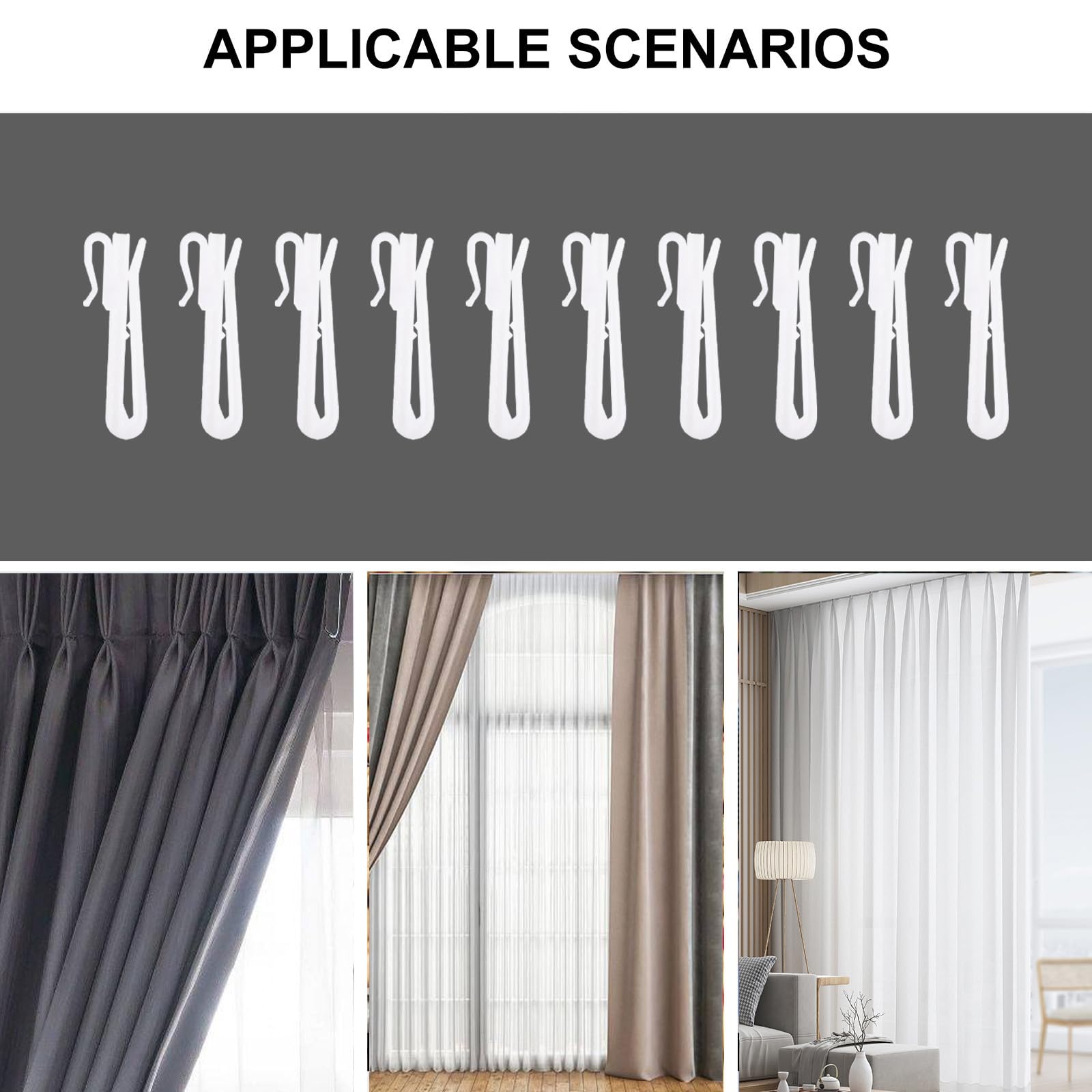 Artibetter Crochets de Rideaux Design Simple et Robuste Lot de 100 en Plastique Réglables Arrondis pour Voilage Fenêtre et Tringle sans Perçage