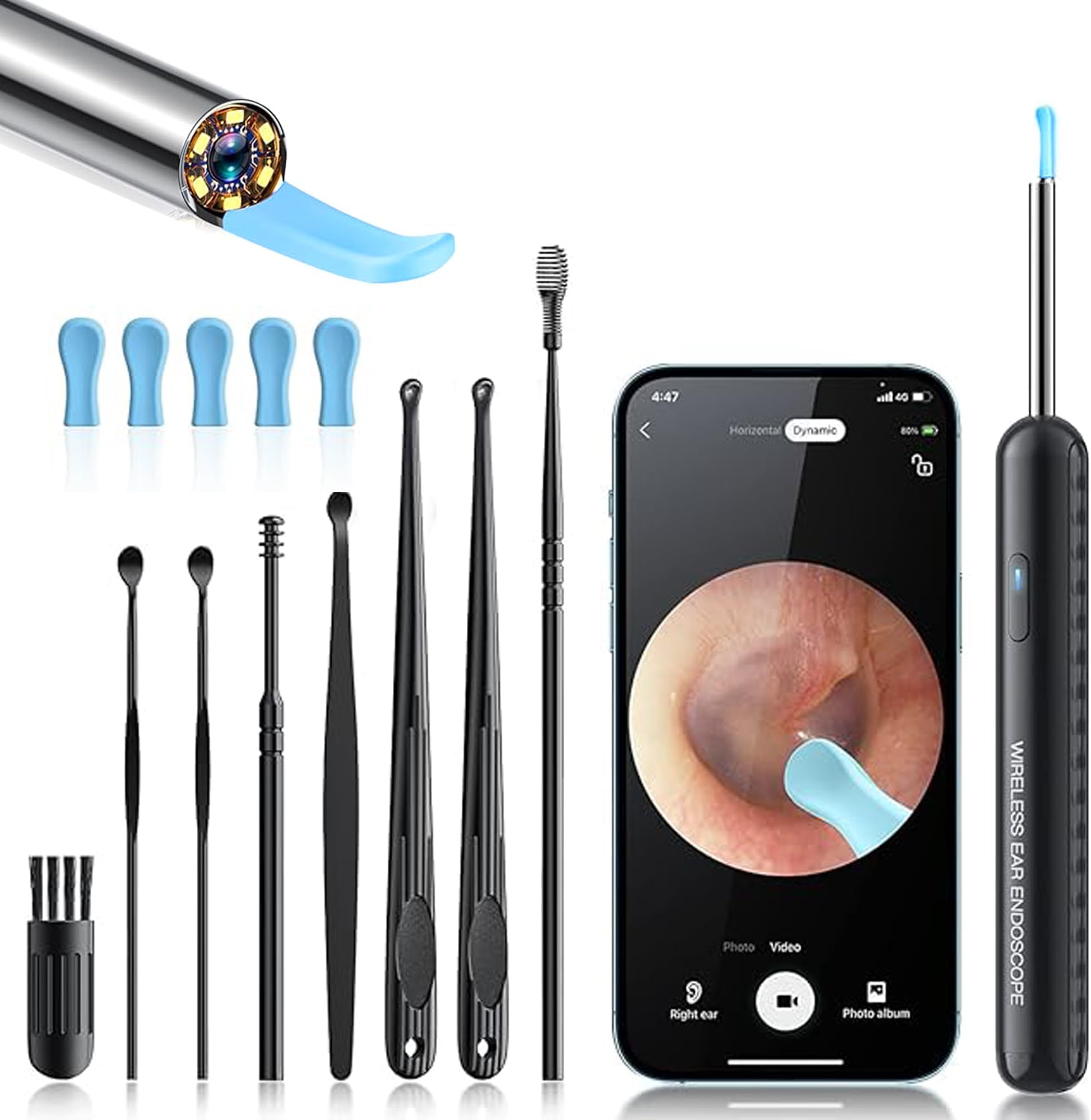 Ear Wax Removal Kit with 1080P Camera - 360° HD Ear Cleaner for iOS/Android, 6 LED Lights, Soft Silicone Picks, IP67 Waterproof, Rechargeable, WiFi-Enabled Ear Care Set with 8 Tools