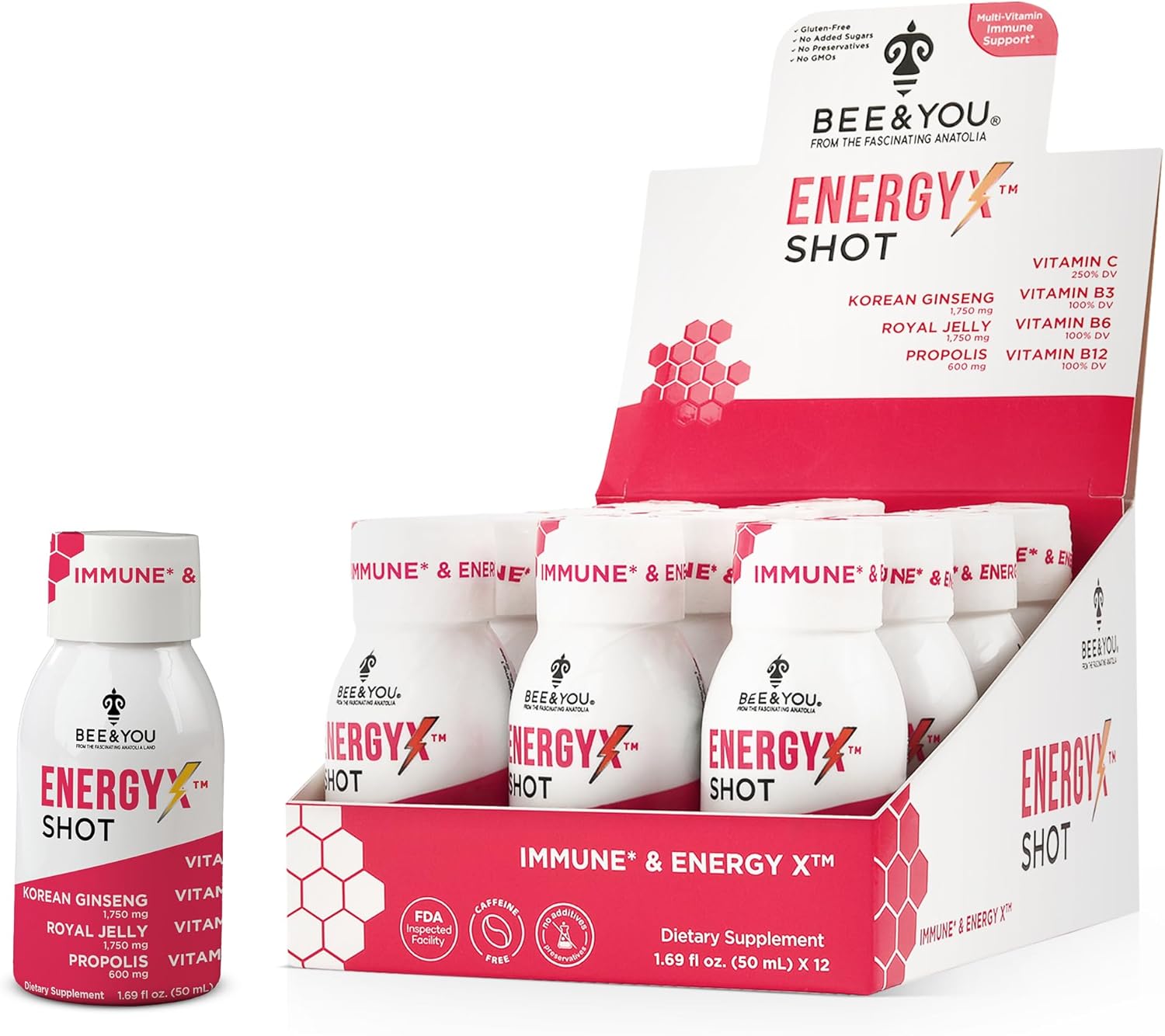 Bee and You Energy X Shot, 12 Pack, Korean Red Ginseng, Royal Jelly, Propolis, Caffeine Free Energy Drink, Vitamin C, B3, B6, B12, Immune Support Supplement, Antioxidants, Pomegranate Flavor
