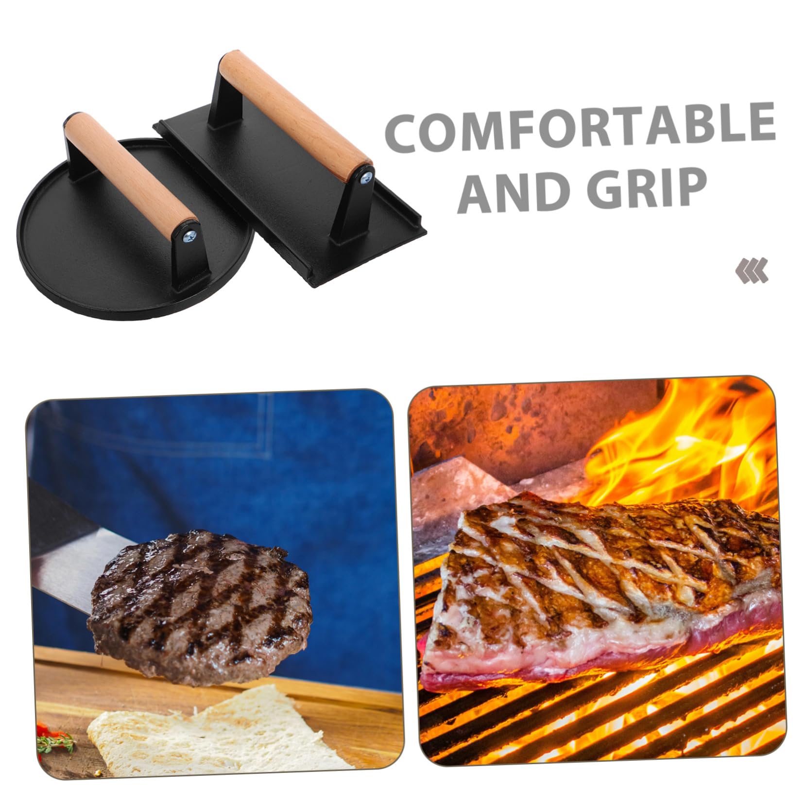 Cabilock Prensa de Barbacoa de Hierro Fundido con Mango de Madera, Placa Larga sin Revestimiento, Prensa para Hamburguesas y Filetes, Utensilio Cocina para Barbacoa, Juego de 2 Piezas