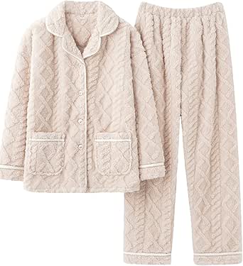Flygo Women's Winter Fluffy Pajamas Set Fleece Button Tops And Pants