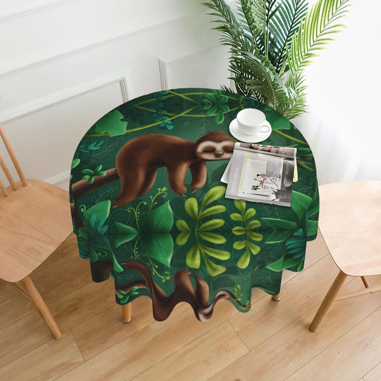 HLSBSSL Sloth Printed round decorative tablecloth, 60 inches, suitable for various tables in the living room, dining room, coffee table, etc.