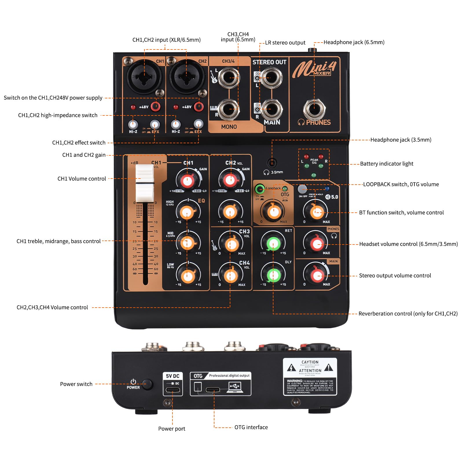 Mixer Audio Console Mixer DJ Portatile a 4 canali Mini Scheda di missaggio Audio con USB BT 48V Alimentazione Phantom EQ a 3 Bande Pulsante Loopback Console Audio per spettacoli dal Vivo Feste
