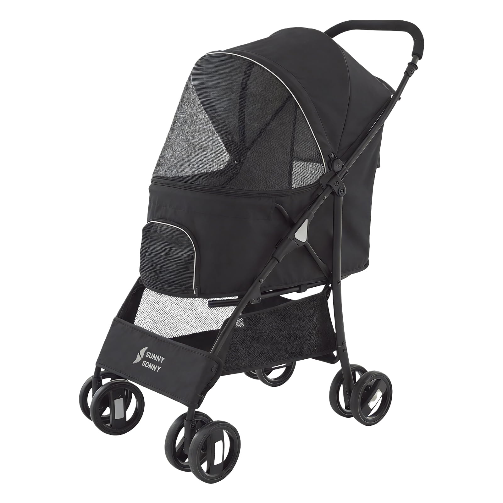 Sunny Sonny Pet Stroller for S/M Dogs & Cats up to 15kg, Kid Stroller，Foldable Portable Travel Carrier with Swivel Wheels, Rain Cover, Large Storage Basket, Zipper Entry & Safety Design (Black)