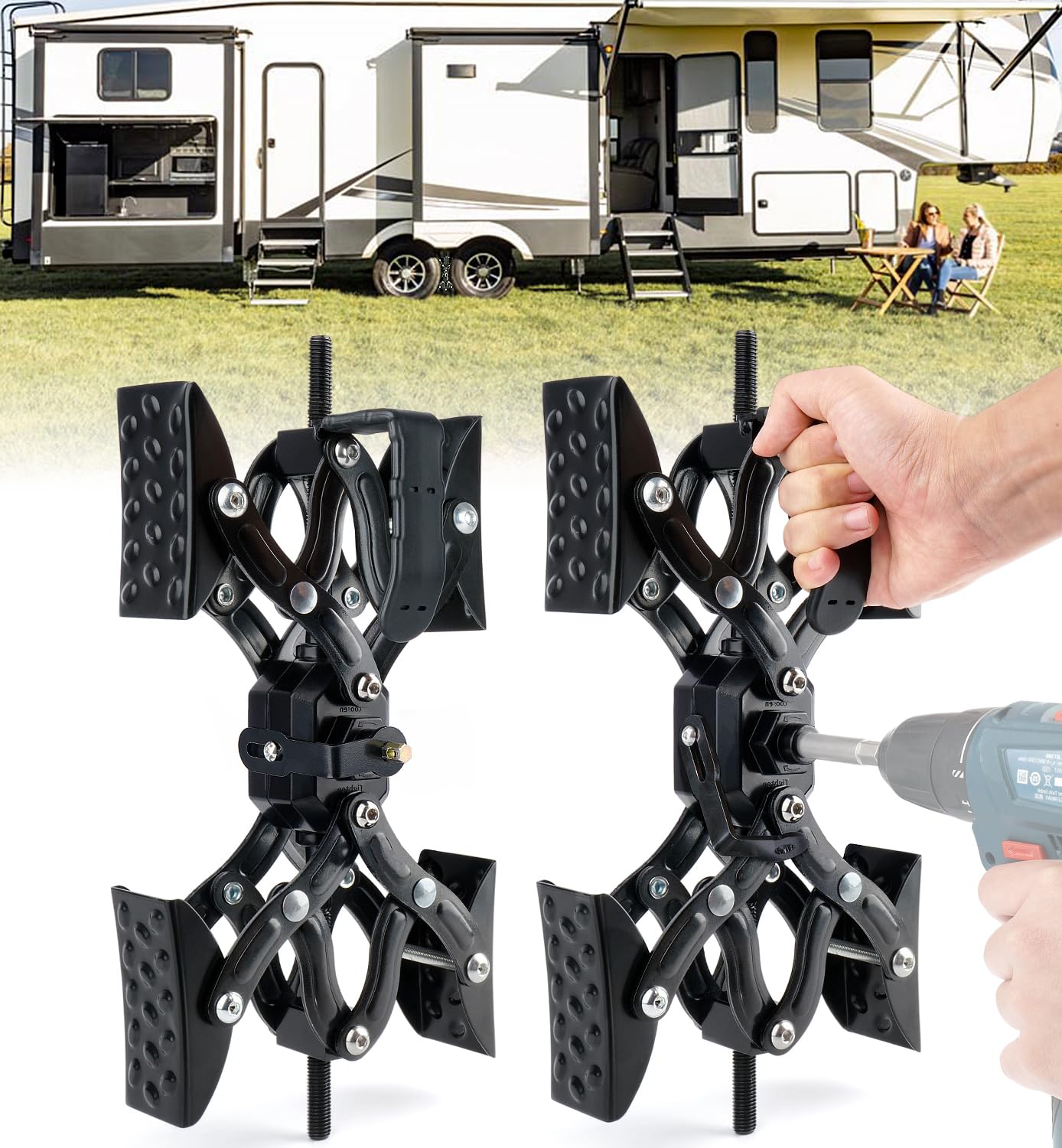 Adjustable X-Shaped Wheel Stabilizer, Heavy Duty Camper X-Chock Wheel Stabilizer Allow Drill Adjust for Travel Trailers, RVs, Black - 2 Pack
