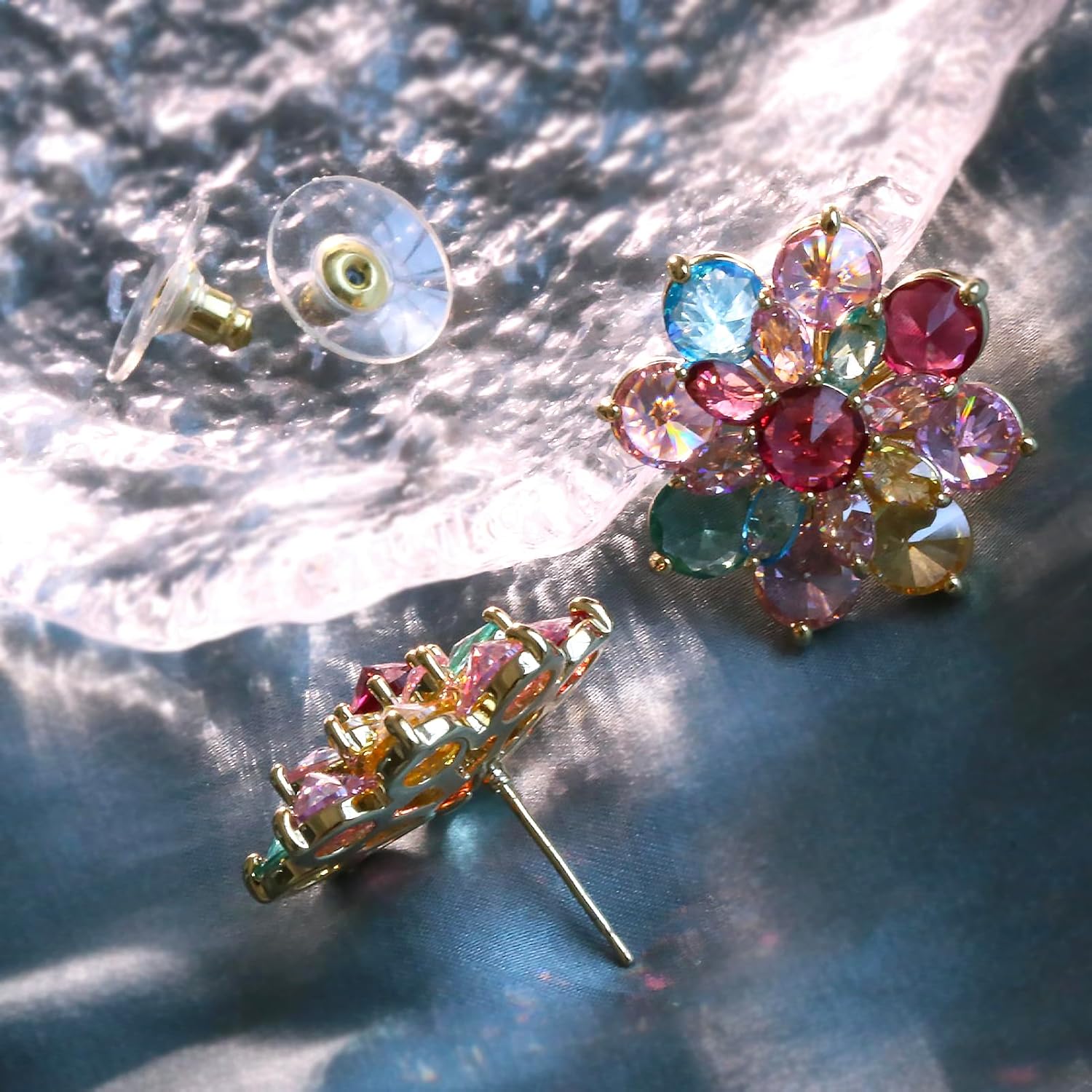 Crystal Flower Stud Earrings Sparkly Colorful CZ Cubic Zirconia Daisy Floral Flower Sterling Silver Stud Earrings Wedding Party Prom Jewelry for Women Bridesmaids - Image 5