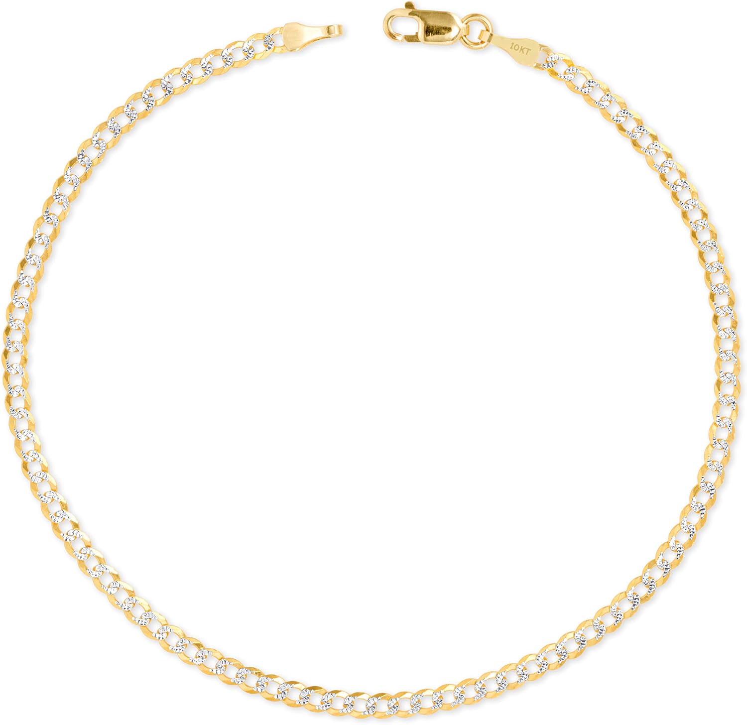Nuragold 10k Real Yellow Gold Solid Cuban Curb Link 2.5mm Diamond Cut Pave Chain Bracelet or Anklet (7"-9") Two Tone Italian Jewelry for Men & Women