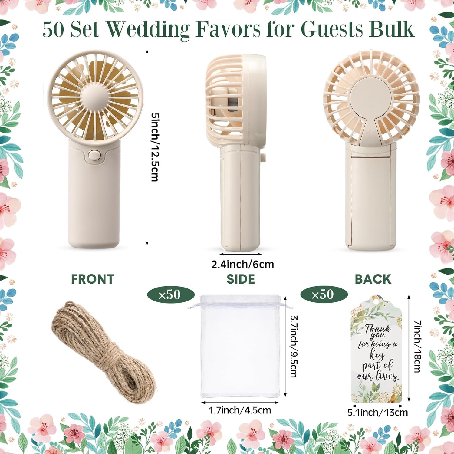 50 Set Wedding Mini Handheld Fans for Guests Gifts, Portable Battery Operated Small Fans Bulk with Thank You Cards Organza Bags for Engagement Bridal Shower Favors Summer Party (White)