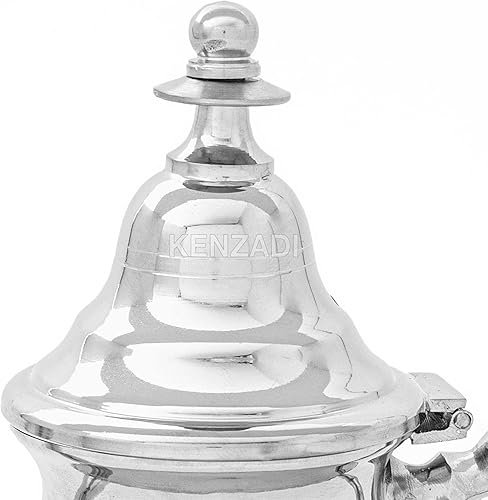 Miniatura 6 de Tetera marroquí para servir hecha a mano de latón, chapada en plata, tallada a mano en Fes Marruecos (8 onzas con patas)