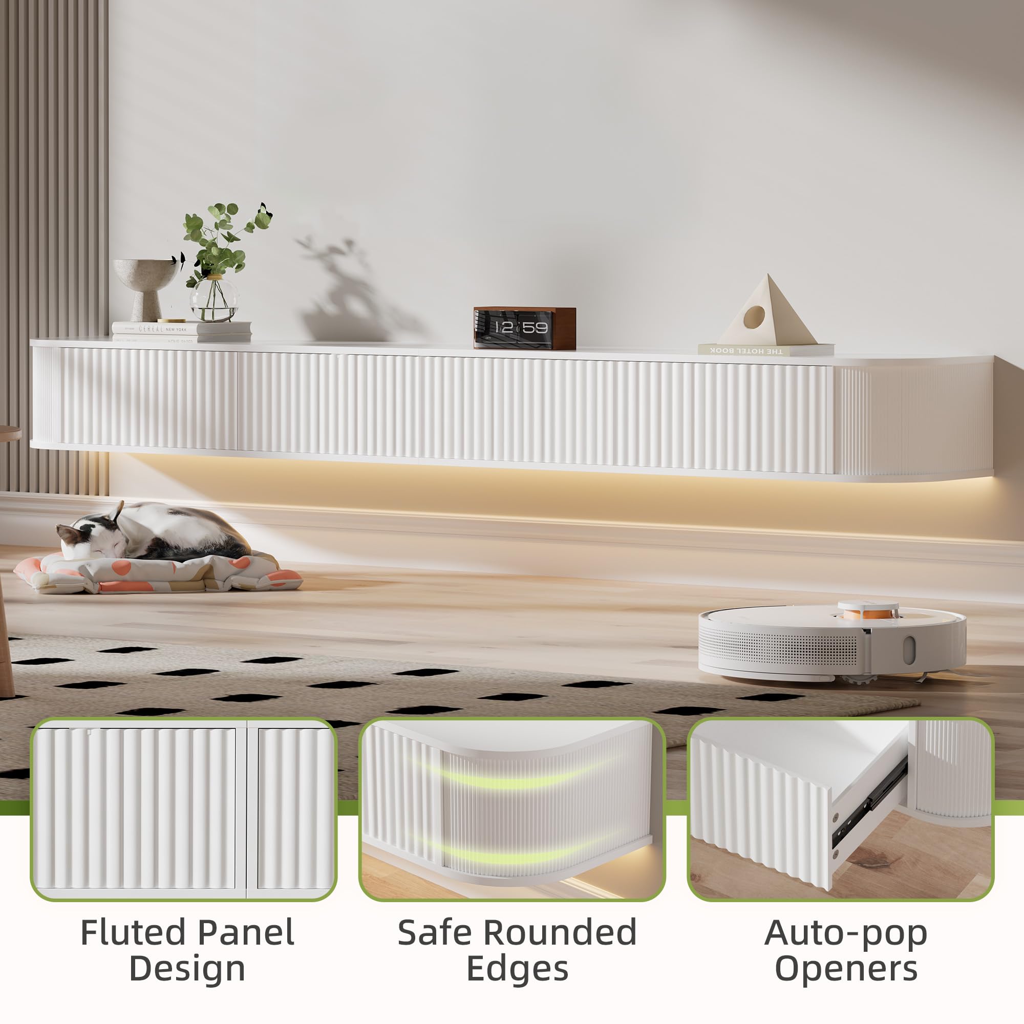 Meuble TV Suspendu Flottant avec Lumières LED RGB – Meuble TV Mural Moderne Blanc 220 cm Longueur, Profondeur 31 cm pour Rangement Amélioré, pour Téléviseurs 85 à 95 Pouces