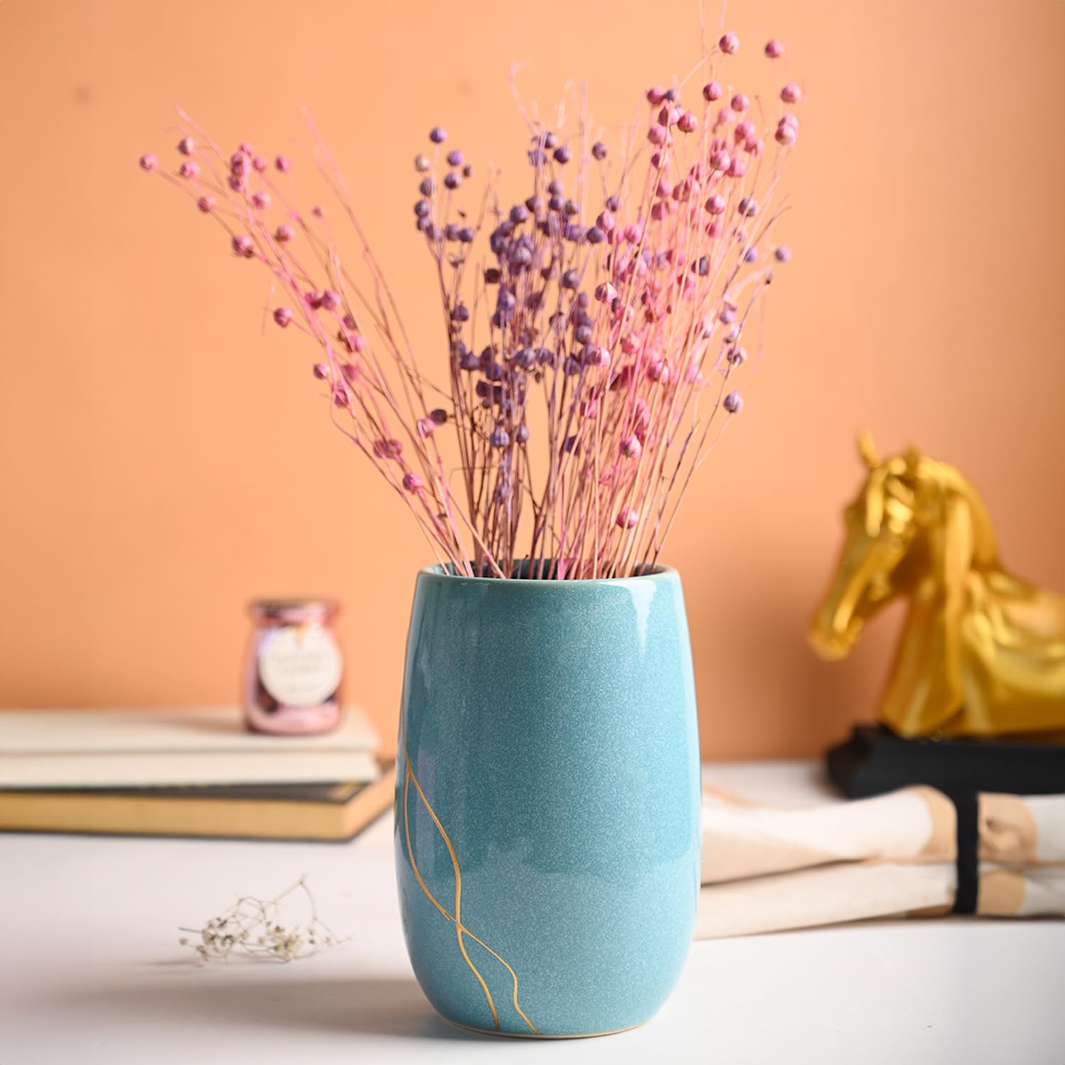 Market99 Ceramic Turquoise Vase | Decorative Flower Holder for Living Room, Bedroom, Office & Reception Area | Stylish Centrepiece for Dining Table, Coffee Table, Shelf Styling & Festive Season Décor