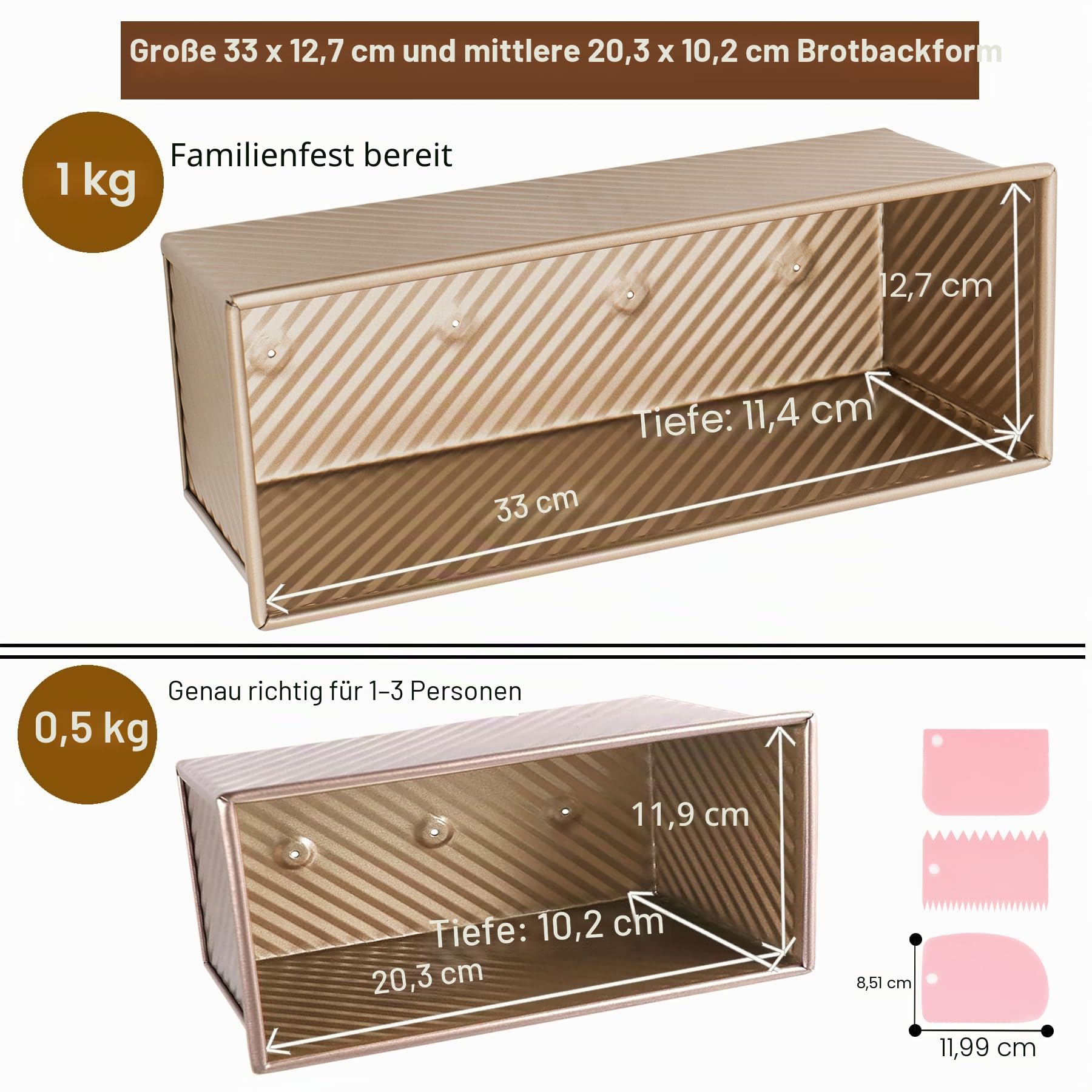 Toastbrot Backform mit Deckel, 1000g und 450g, 2Pcs, Antihaft Pullman Brotbackform, Wellbrotbackform mit Deckel für Brot, Sandwiches und Toast, Gold