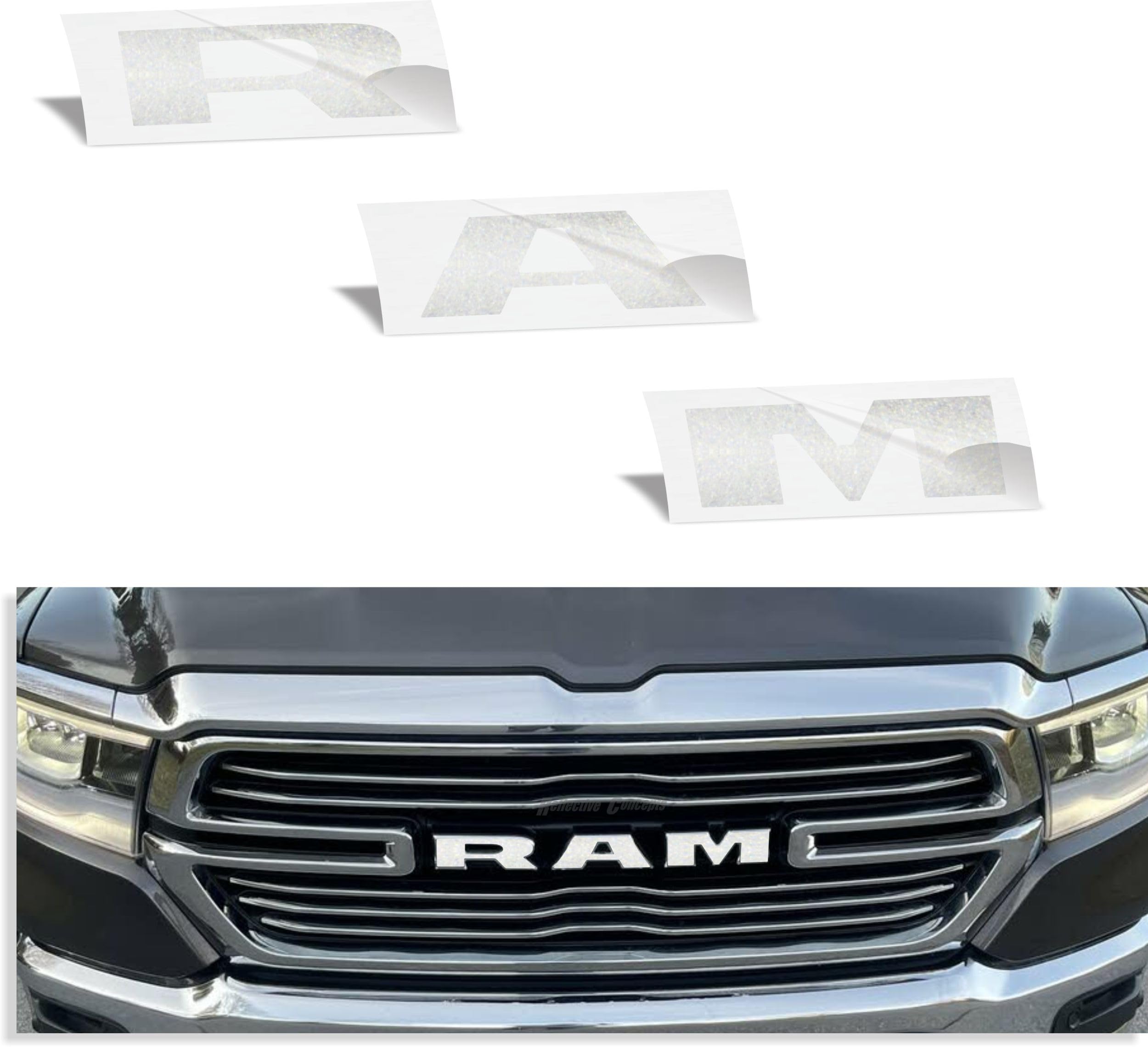 Reflective Concepts RAM Grille Emblem Overlay Decal 2019-2024 Ram 1500, NOT for Classic or TRX (Color: Silver Metallic)