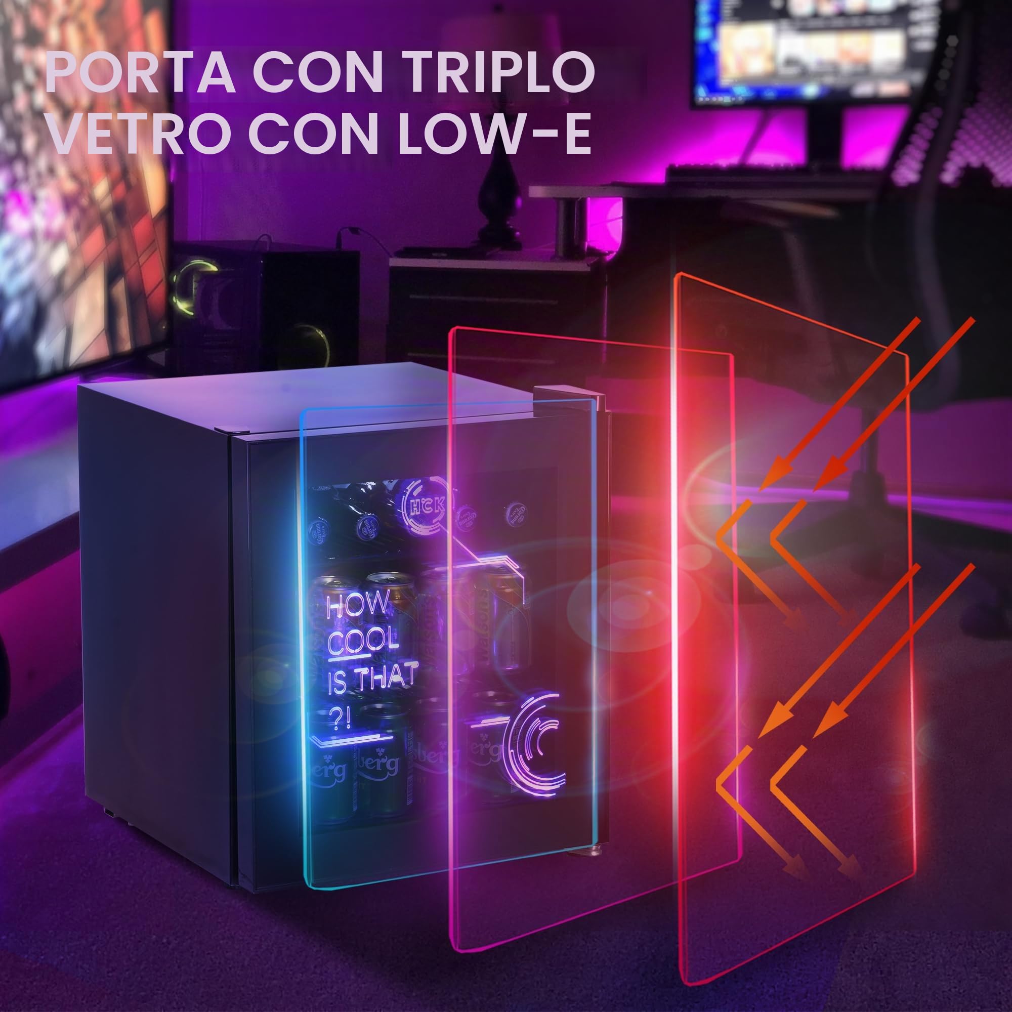 HCK Mini Frigo, Refrigeratore Bevande 48L, Frigorifero Piccolo con Illuminazione Moderna Cyberpunk, Mini frigorifero da 0 a 15°C, Porta a Vetro,per Sala Giochi, Festa, Nero