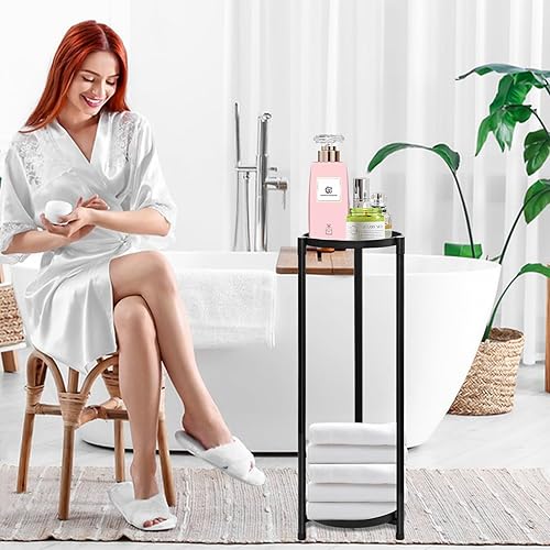 Miniatura 7 de Soporte redondo de metal alto de 2 niveles para interiores y exteriores, estante de almacenamiento redondo a prueba de óxido, soporte resistente