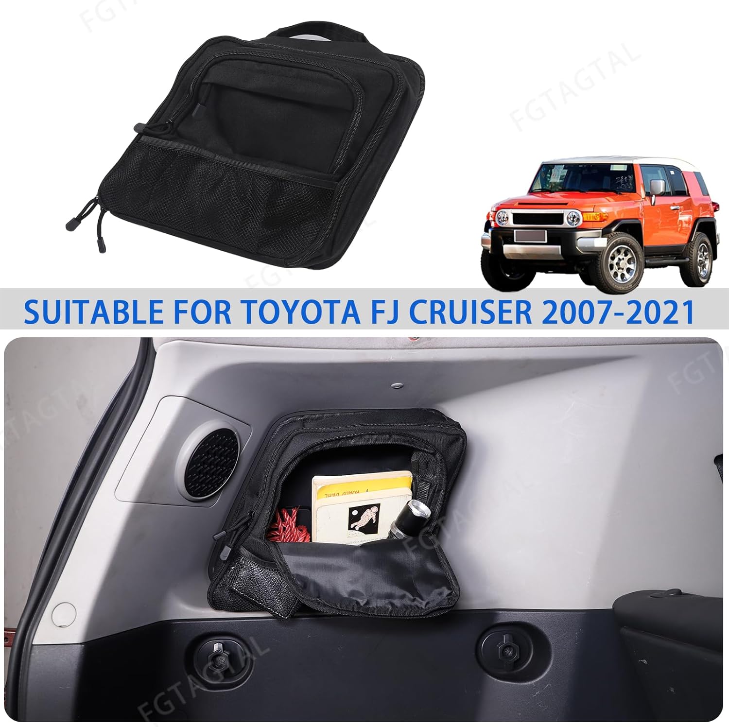 Rear Trunk Storage Organizer Box Compatible with Toyot@ FJ Cruiser 2007-2021, Rear Left Window Storage Organizer Bag, Interior Storage Accessories (Trunk, Left Side)