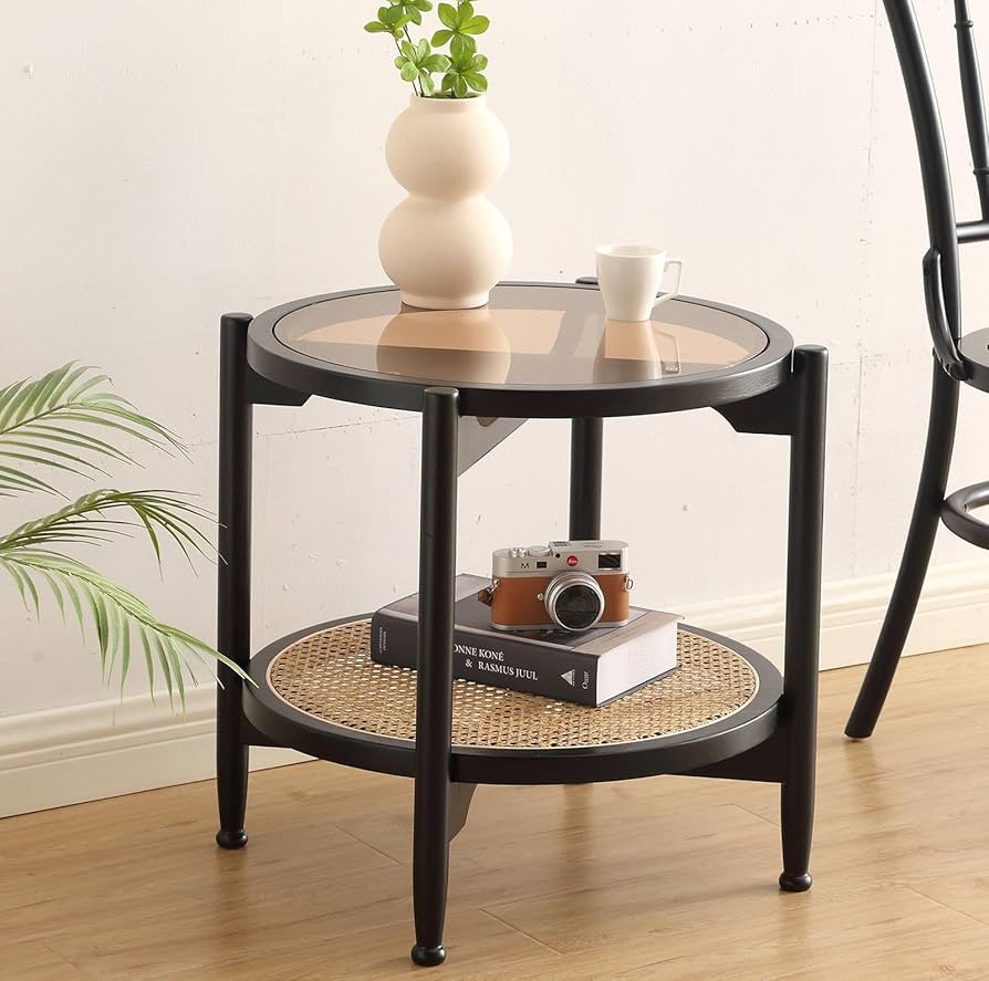 Amazon|ミッドセンチュリーモダンな籐コーヒーテーブル、2段ラウンド Amazon|ミッドセンチュリーモダンな籐コーヒーテーブル、2段ラウンド