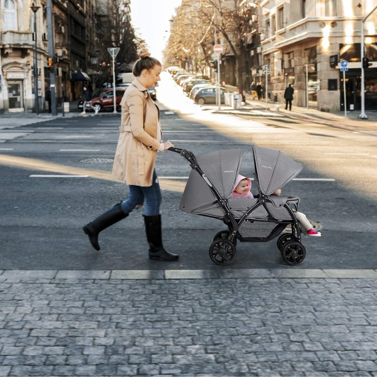 DREAMADE Geschwisterwagen Baby ab Geburt bis 15 kg, Zwillingskinderwagen Faltbar mit verstellbarer Liegeposition und Fußstützen, Zwillingsbuggy mit Verdeck & Sicherheitsgurt