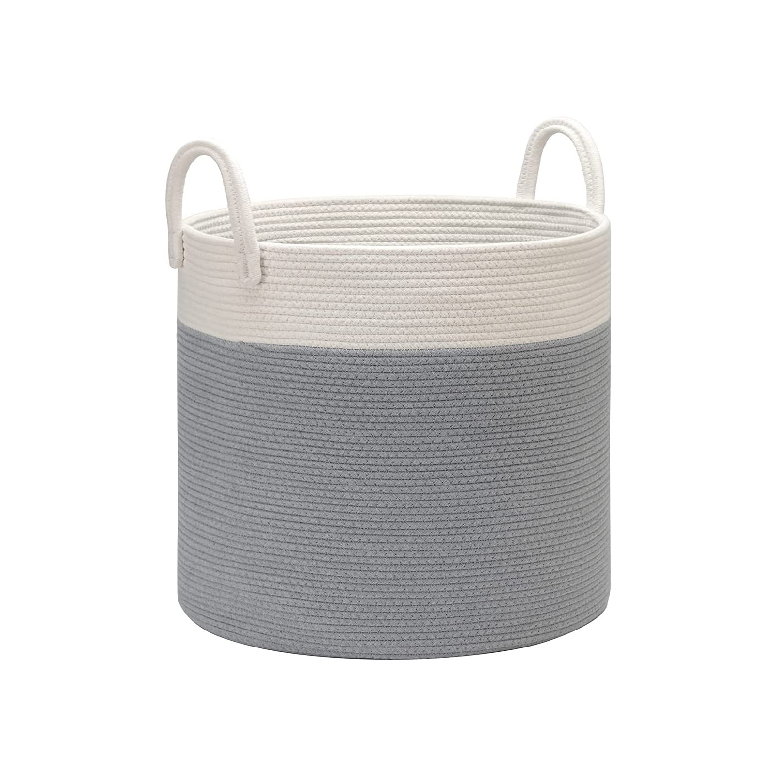 LITLANDSTARLarge Cotton Rope Basket, 35 x 40cm Woven Laundry Basket Storage Bins for Dirty Clothes Blankets Toys Storage with Handles, White & Grey
