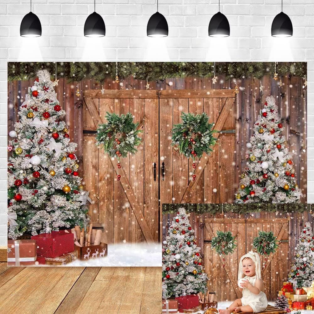 Amazon.com : Christmas Backdrop Rustic Barn Door Christmas Trees Winter