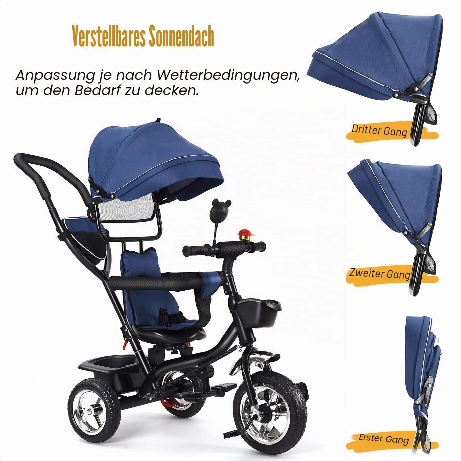 Baby-Dreirad, mitwachsend, Dreirad für Kinder von 18 Monaten bis 5 Jahren, 4-in-1-Kinderwagen-Fahrrad mit wendbarem Sitz, Sonnenschutz und Pedal, kompakter Kinderwagen (Dunkelblau, 4-in-1)