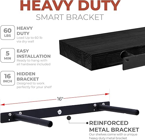 Miniatura 5 de 16 inch Floating Shelves Wall Mounted Wood Shelves for Bathroom, Bedroom, Living Room, Kitchen, Small Hanging Shelf for BooksStorageRoom Décor (Set