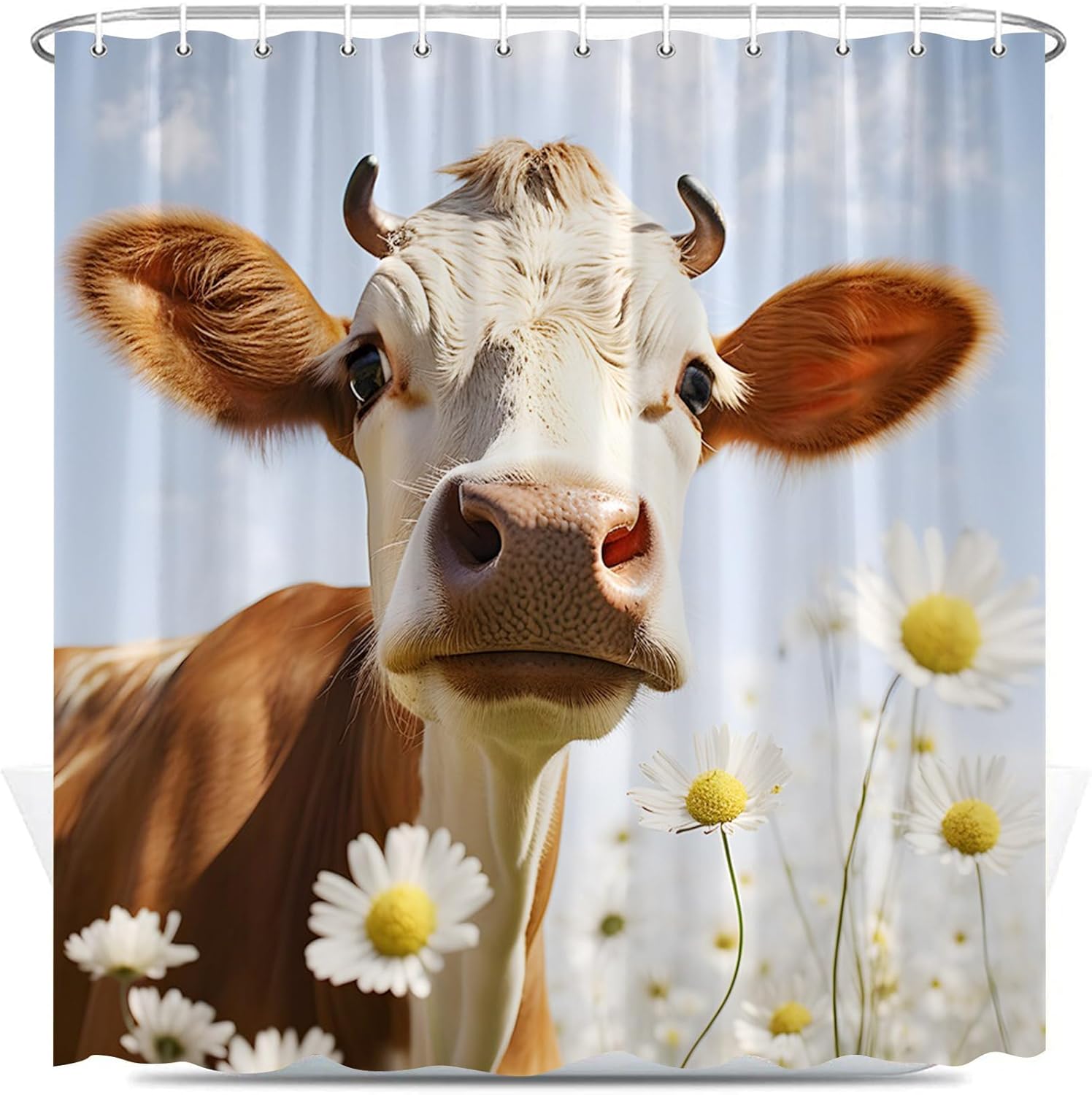 Farm Cow Shower Curtain Rustic Daisy Cute Bull Western Country Farmhouse Animal Blue Sky Funny Bathroom Decor Curtains with Hooks 70X90 Inch