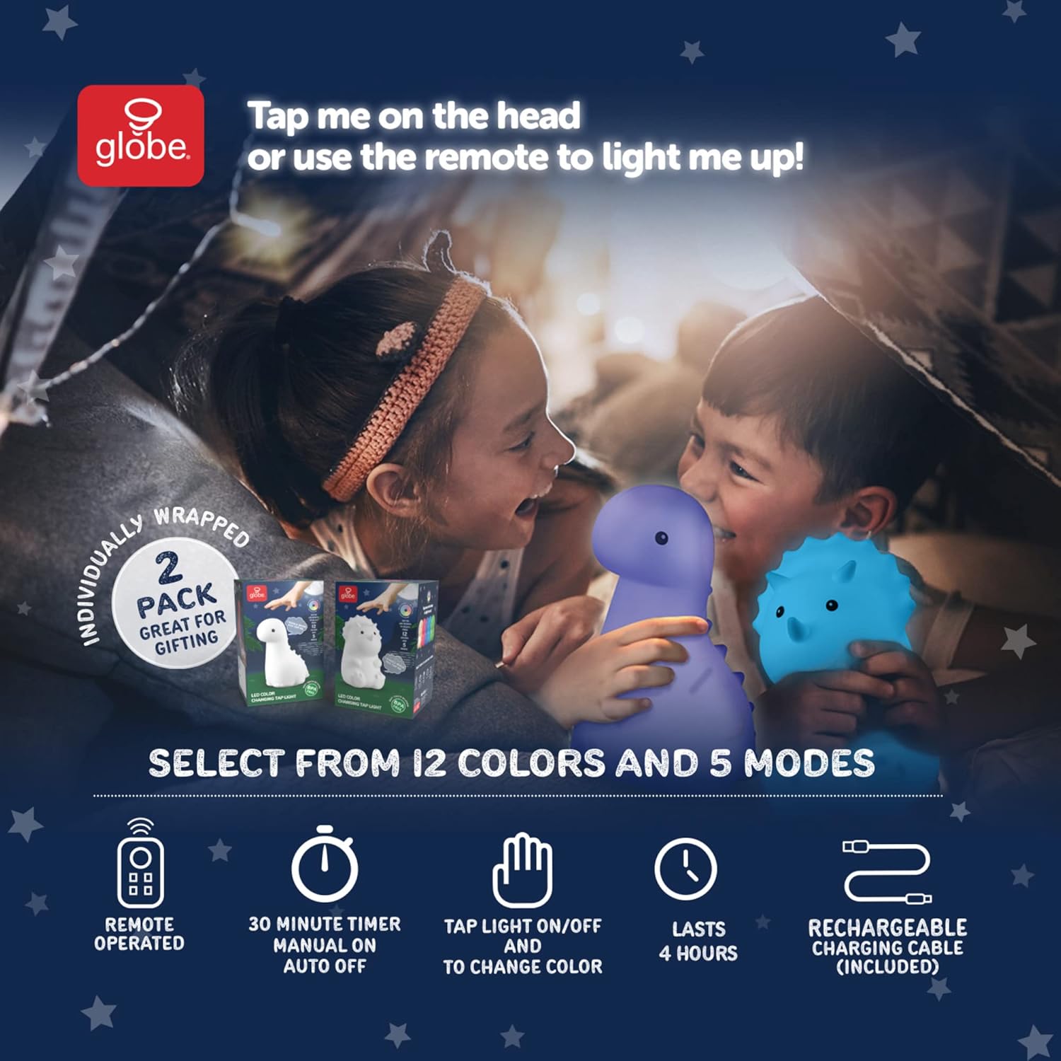 GLOBE Electric 13360 6" Triceratops and 9" Brontosaurus Giggling Dinosaur Duo Multicolor Changing Integrated LED Rechargeable Silicone Night Light, White, Table Lamps for Living Room, Bedroom, Den