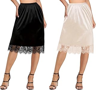 2 Pieces Half Slips for Under Dresses Satin Long Underskirt Soft Slip for Women Skirt Extenders with Lace Trim