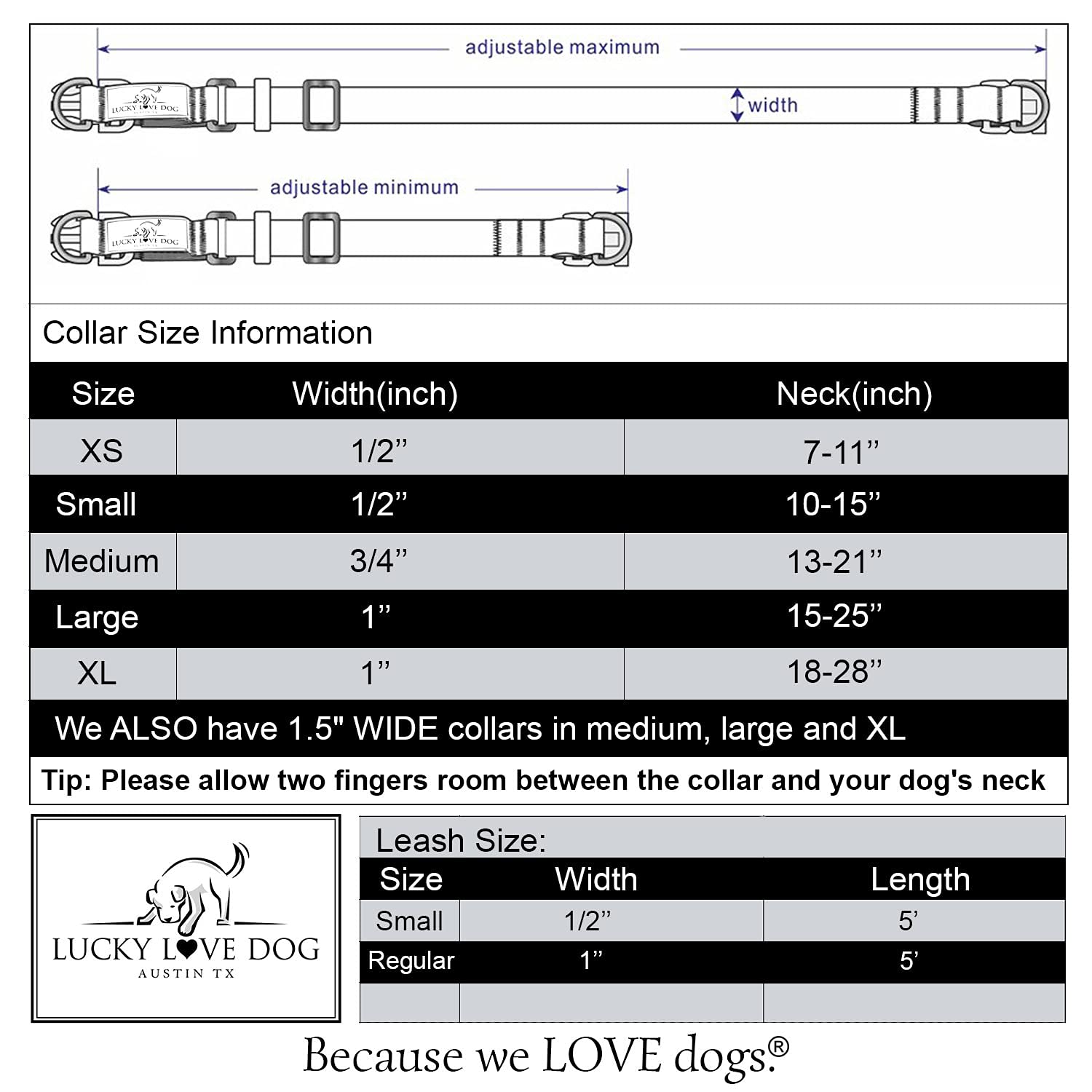 Lucky Love Dog Set aus Halsband und Leine für große Hunde – SOCO, Größe L | Hundehalsband und Leine, Set für große Hunde, passendes, verstellbares Halsband + 1,5 m Leine, einfache Klick-Schnalle