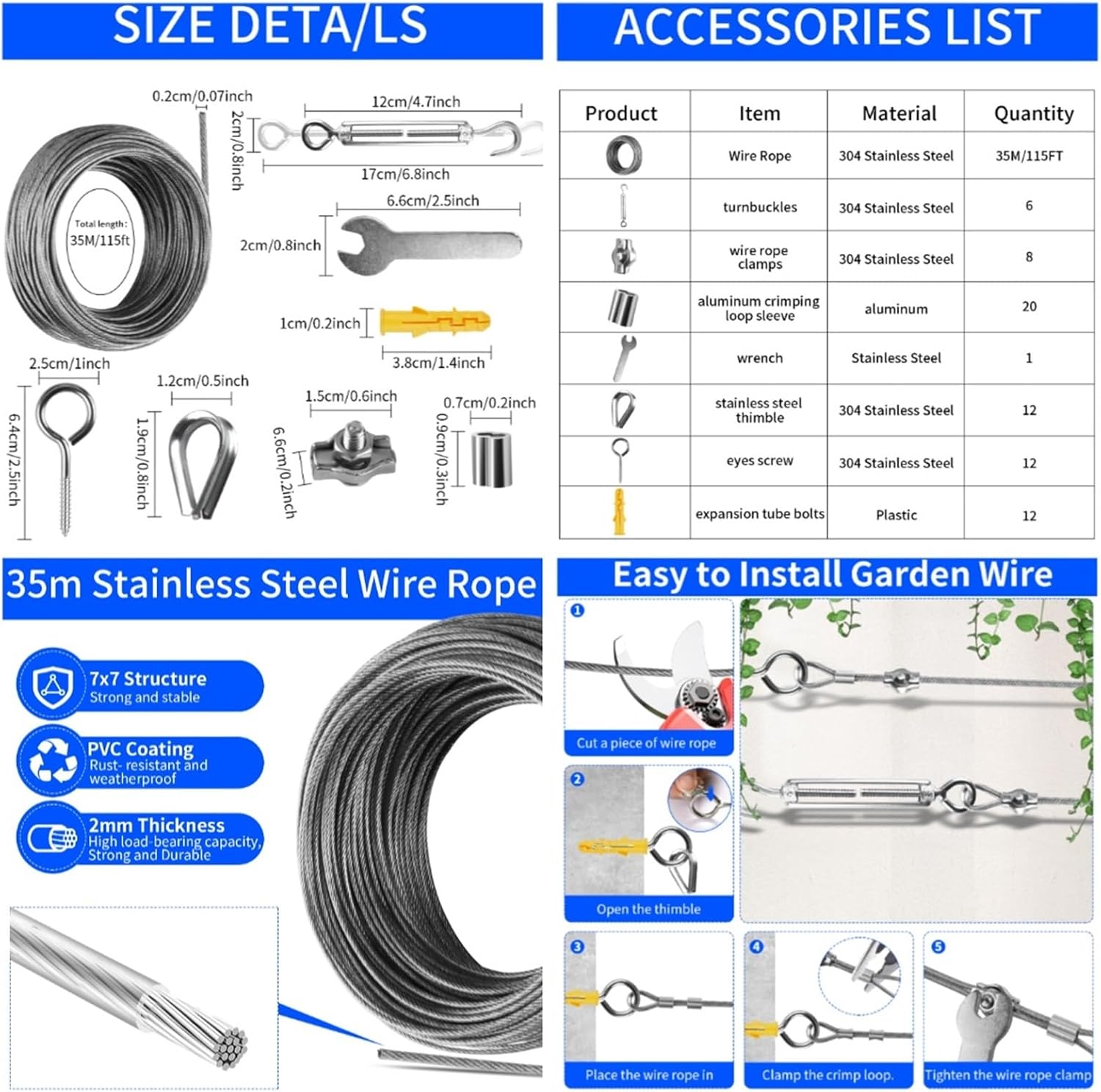 Shade Sail Hardware Kit Shade Sail Wire Rope Kit 4/47/60/72Pcs Stainless Steel Hardware Heavy Duty Anti-Rust Set Garden Accessori(47 Pcs)