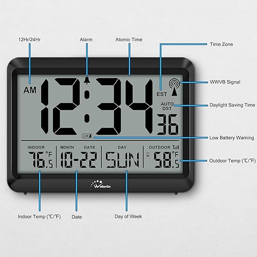Miniatura 7 de WallarGe Reloj atómico con temperatura interior y exterior, reloj digital de 8.5 pulgadas, funciona con pilas, ajuste automático, 4 zonas horarias