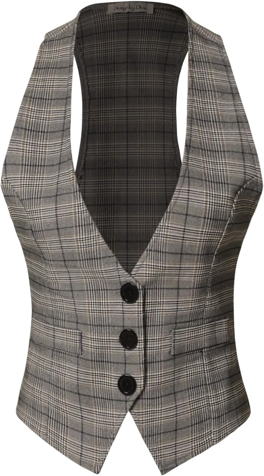 Design by Olivia Women's Dressy Casual Versatile Racerback Vest Three Button Tuxedo Suit Waistcoat - Black